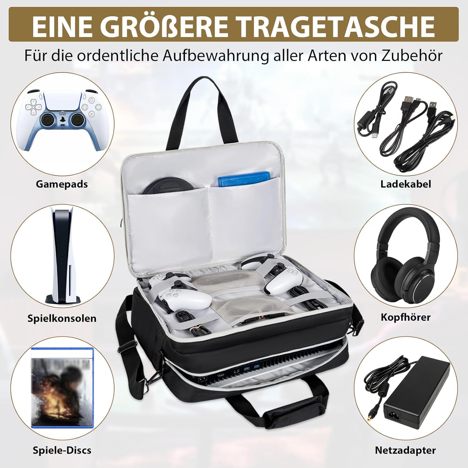 OUUTMEE Tasche für PlayStation 4/5, Tragetasche für unterwegs, Umhängetasche kompatibel mit PlayStation 5, Schützende Aufbewahrungstasche für Konsolen-Disc/Digital Edition, Spielkarten, HDMI