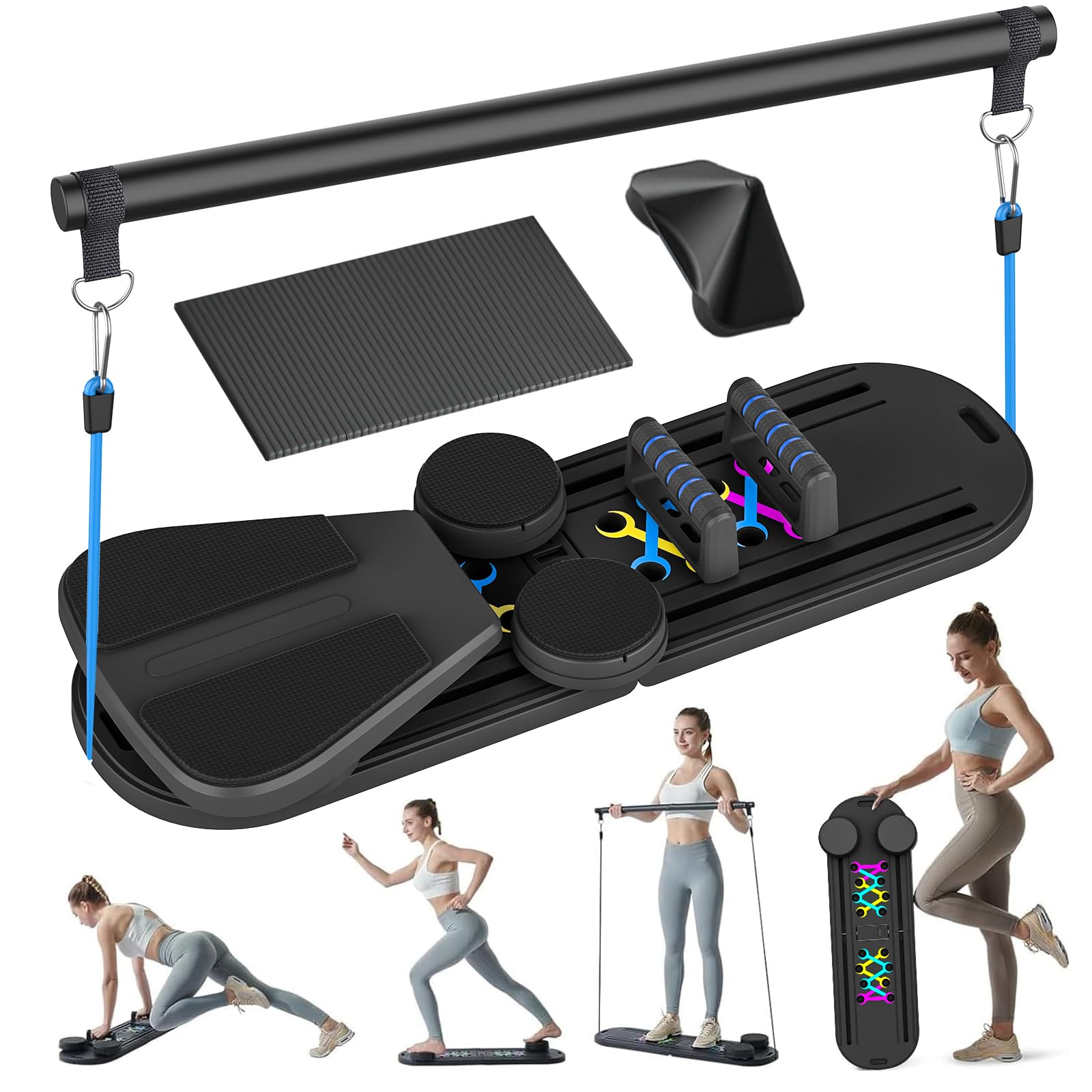 Mini-Pilates-Trainer, 6-in-1 mit intelligentem Zähler, Pilatesbrett mit Widerstandsbändern, automatischer Rückprallrolle, zusammenklappbares Bauchbrett