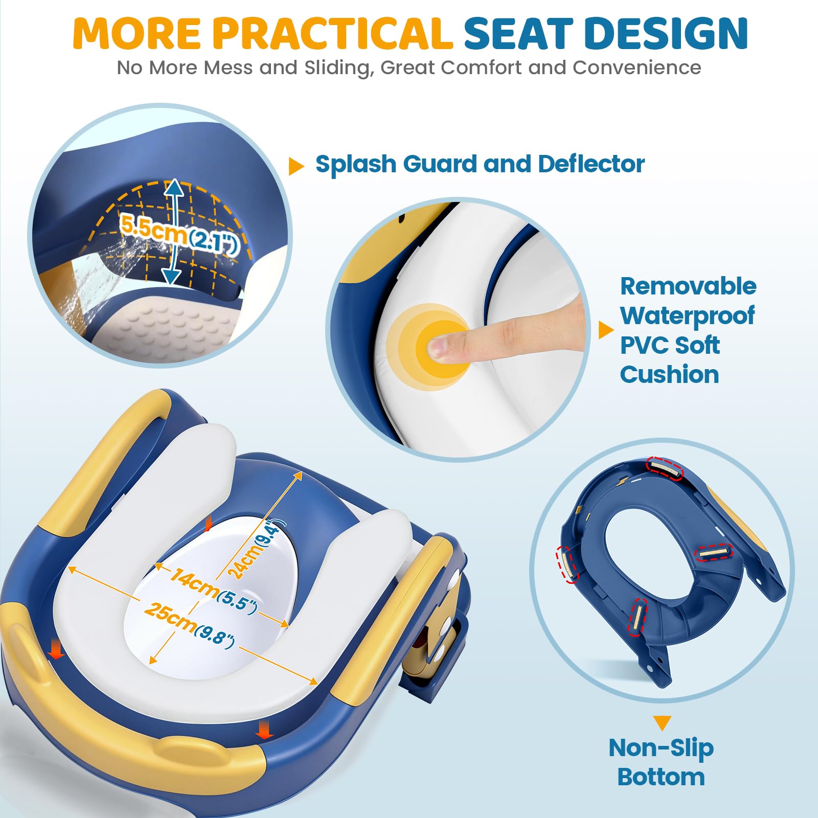 Orzbow Adaptador Wc Niños con Escalera, 2 en 1 Reductor Wc Niños, Orinal Portatil, Altura ajustable, Pedal Extensible y Cojín de PVC, Antideslizante y Ligero, Azul Amarillento