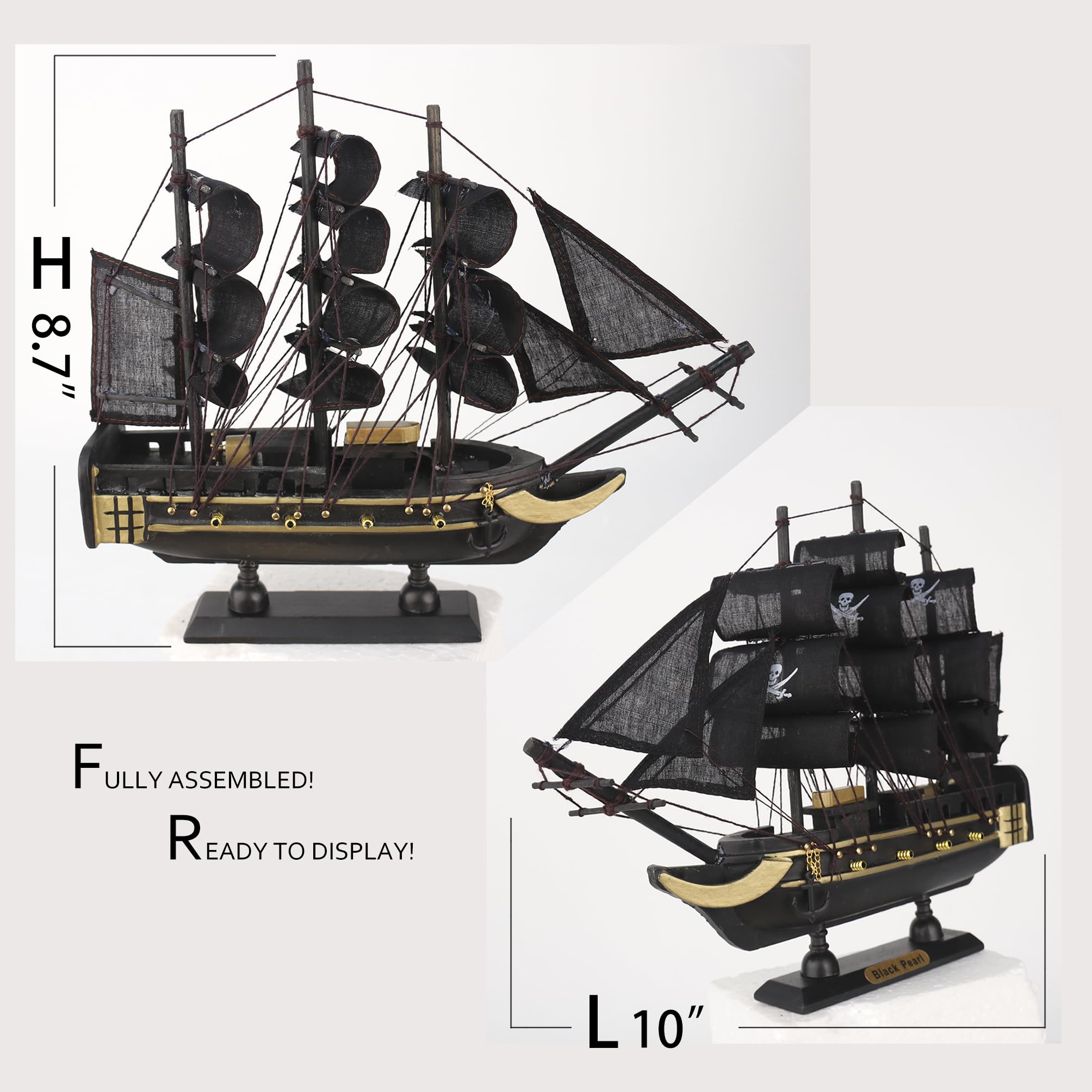 The Black Pearl – Bateau pirate en bois pré-construit 25,4 cm – Décoration nautique des Caraïbes entièrement assemblée (25,4 cm en bois noir perle)