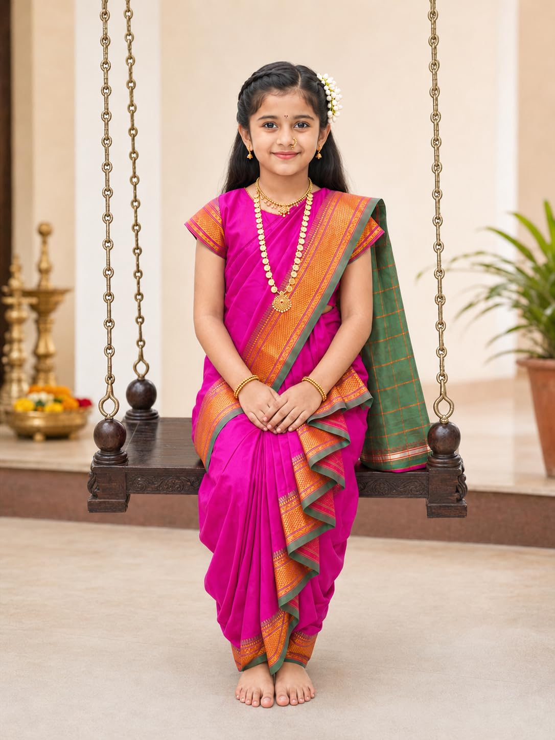 Luster Shahi Mastani Nauvari saree for kids/girls Ready-to-wear with a stitched blouse, Traditional Maharashtrian Marathi saree, for School program ganpati pujas festival (Purple, 12-18 Months) 1