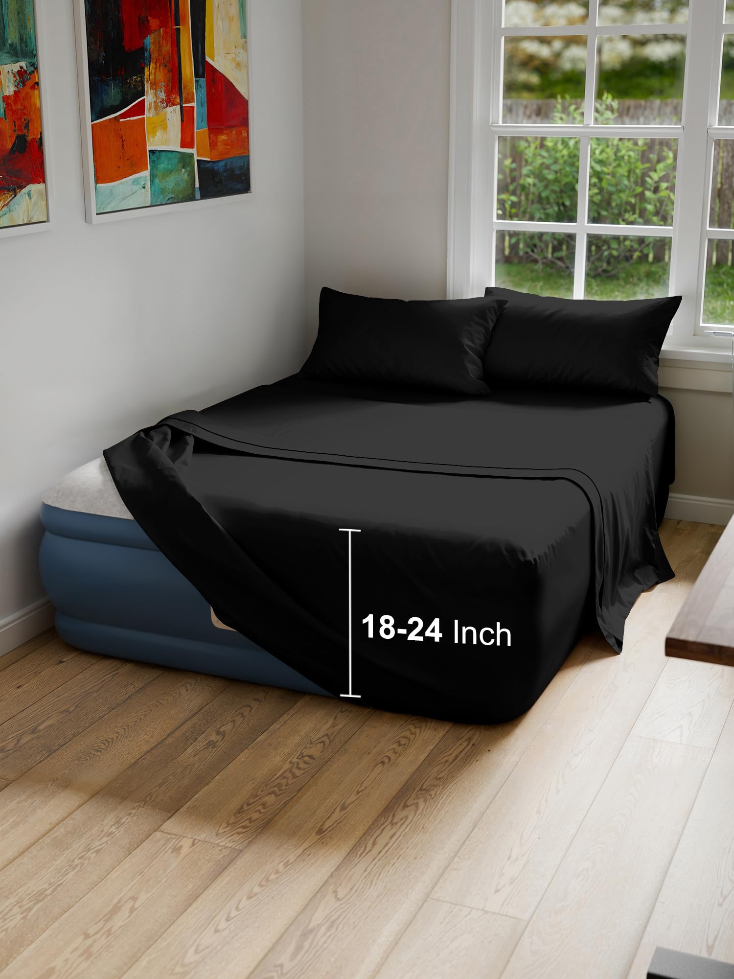 Air Mattress Sheet Set for Queen Size - 4 Piece Breathable & Cooling Sheets w/ Extra Deep Pockets - Fits Inflatable & Blow Up Air Mattresses Up to 24 Inches Thick - Ultra Soft & Wrinkle Free - Black