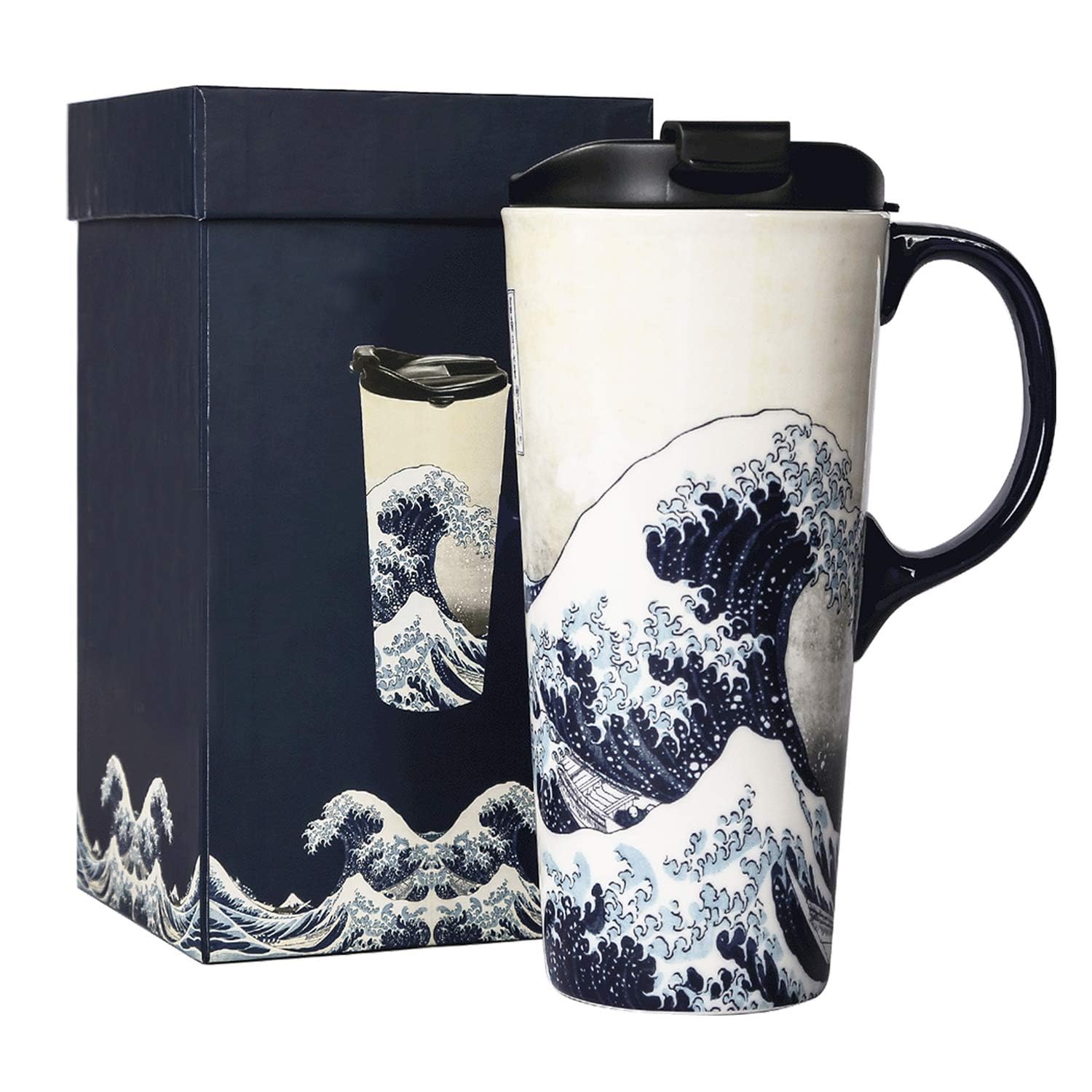 Topadorn Ceramic Coffee Mug with Lid and Handle Ceramic Travel Mug Porcelain Latte Teacup in Color Box 17 Oz, Splash Resistant Lid - To Go Tumbler for Car Cup Holder, Wave Art Mug