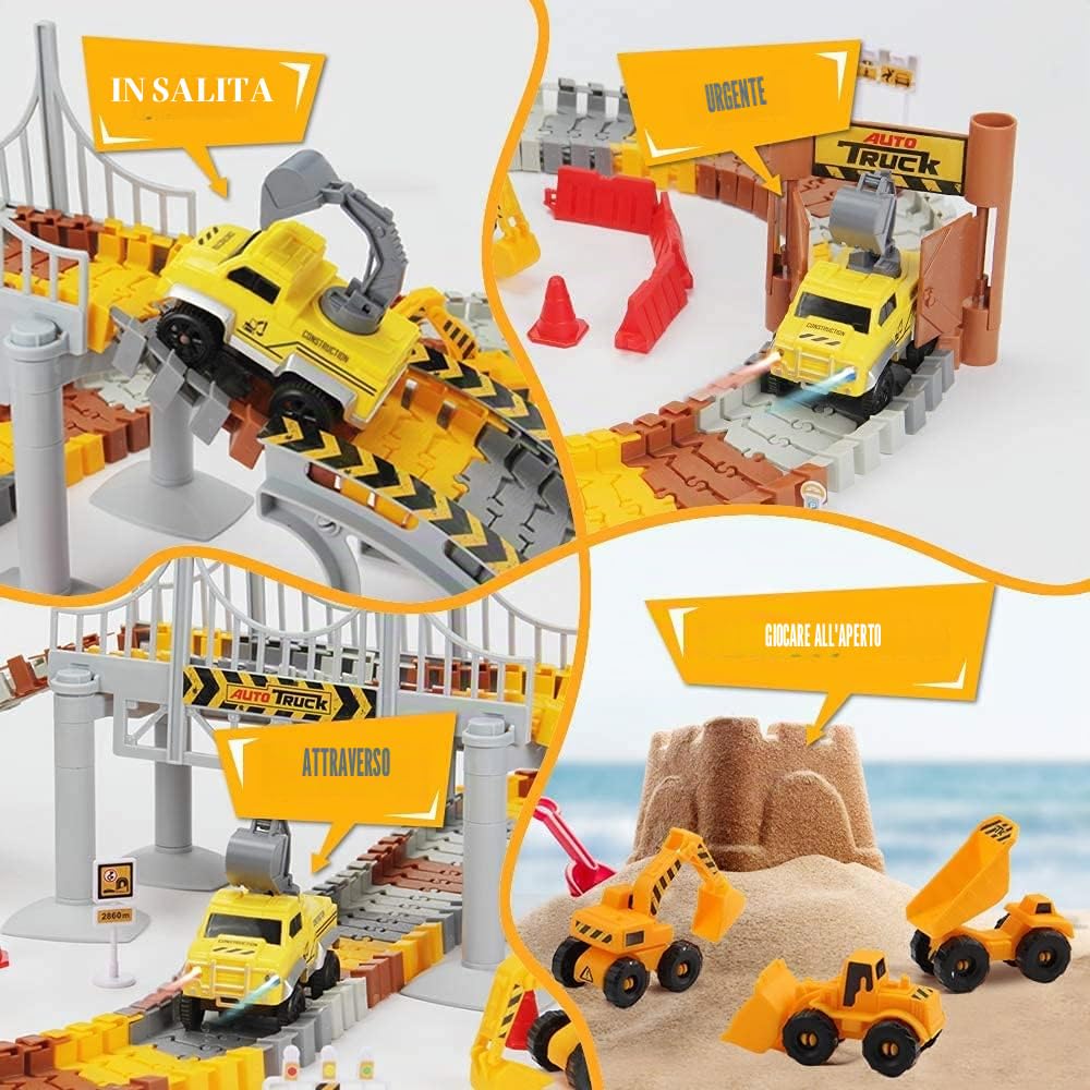 Mini Tudou Costruzione Flessibile Piste da corsa 2 veicoli da elettrici | Giocattoli da pista ingegneristici con dumper,gru,accessori di assortimento per bambini
