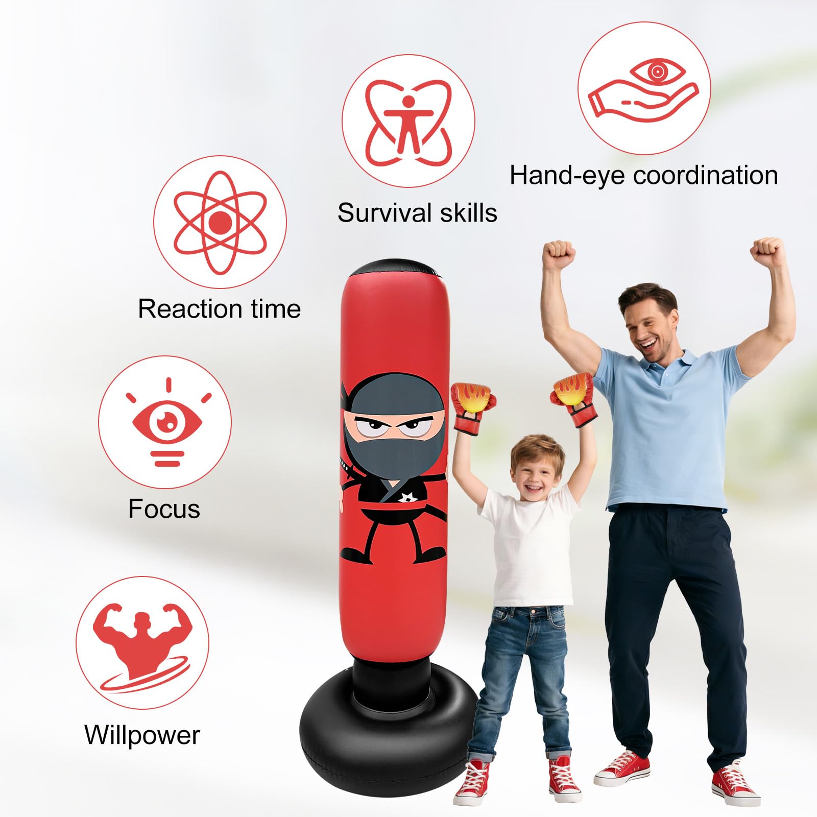 Homshsjhkis Saco de Boxeo de Pie, Saco Boxeo Niños, Punching Ball, Bolsa Independiente con Bomba Aire Guantes Boxeo, Bolsa Inflable Estable para Karate, Kickboxing, MMA, Regalo Ideal para Niños Niñas — view 5