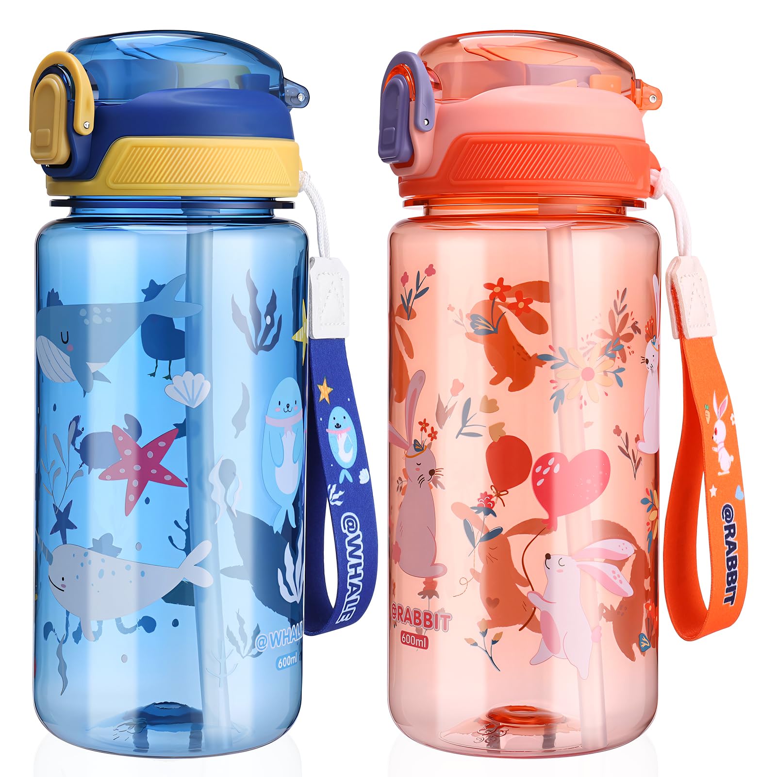 2 Stück Trinkflasche Kinder,600ml Sport Wasserflaschemit Strohhalm,Auslaufsicher Flip-Top-Deckel Tragbare Kinder Wasserflasche Geeignet für Mädchen und Jungen(Blau Delphin,Orange Kaninc)