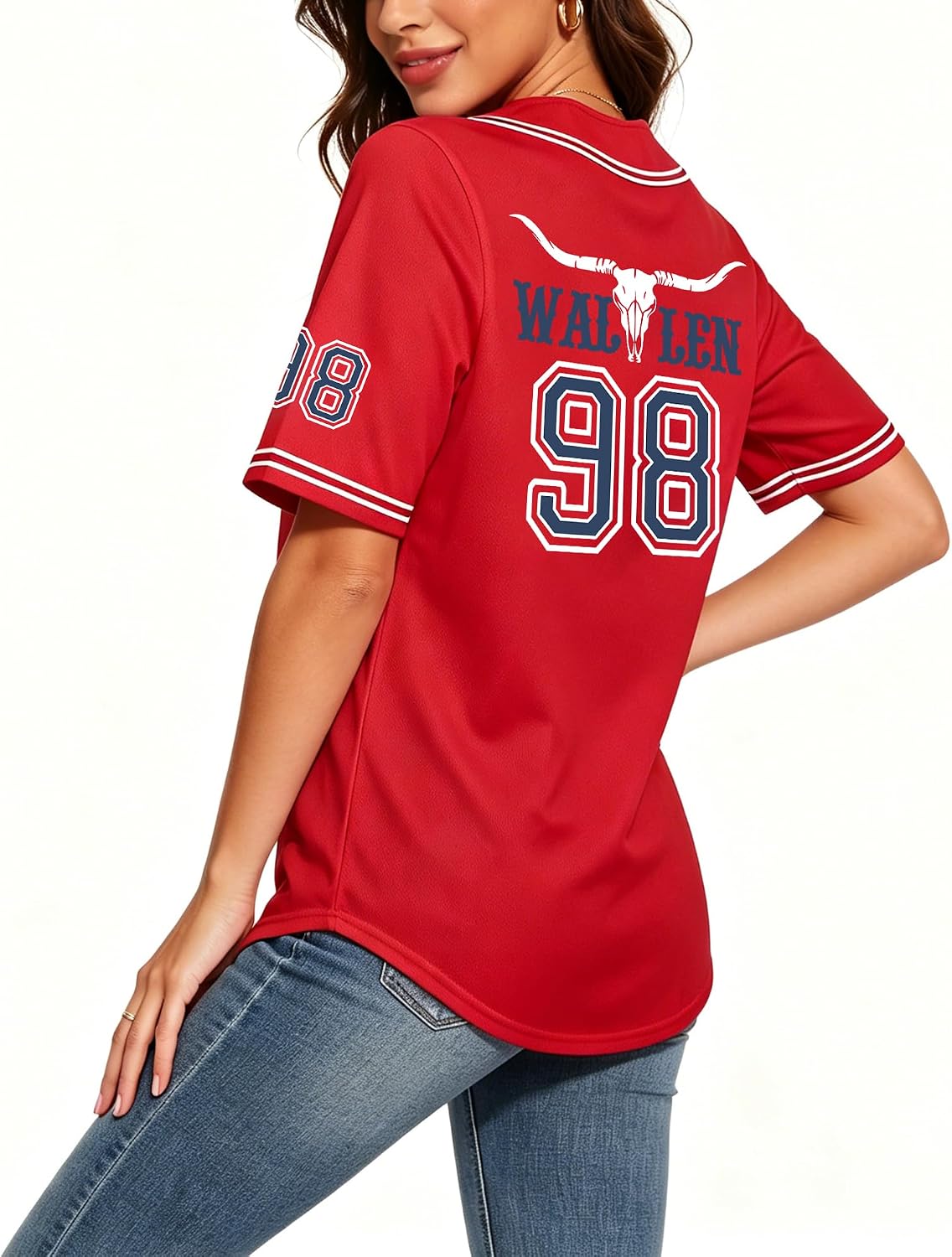 98 Baseball Jersey Women Cow Skull Graphic Shirt Country Vintage Music Fan Tshirts Button Down Short Sleeve Tops