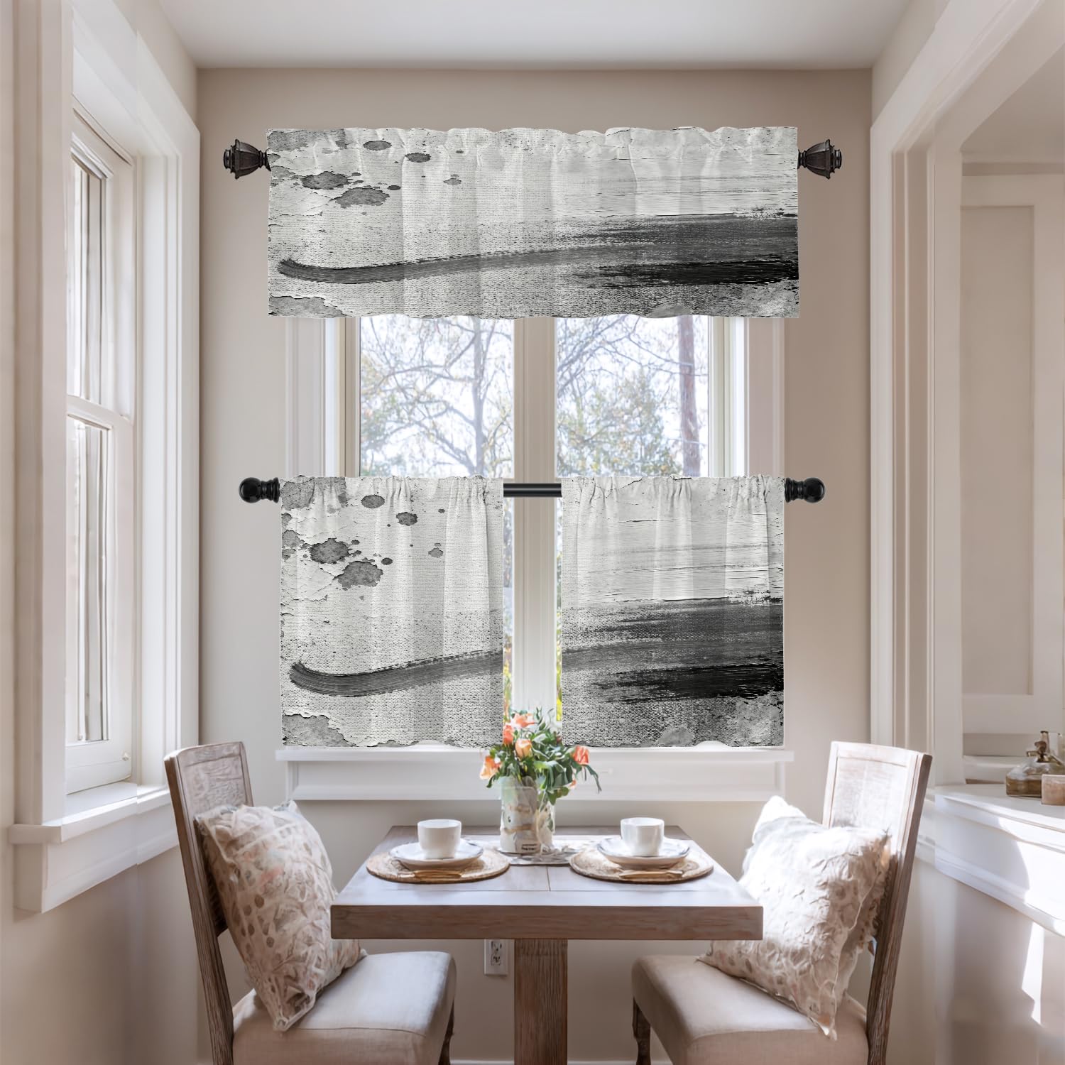 Rideau de cantonnière de Cuisine Gris Abstrait Noir - Style Rustique - Marron Froid et Gris Brique - Décoration Murale occultante - pour Cuisine, Chambre à Coucher