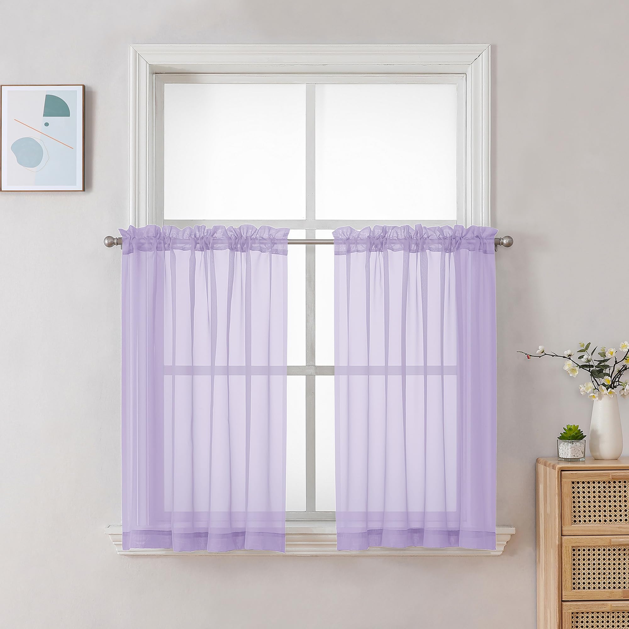 Chyhomenyc Lilac Sheer Curtains 30 inch Length 2 Panels, Light Filtering Voile Rod Pocket Short Window Curtians for Bathroom Living Room Farmhouse Small Windows, 42Wx30L inches