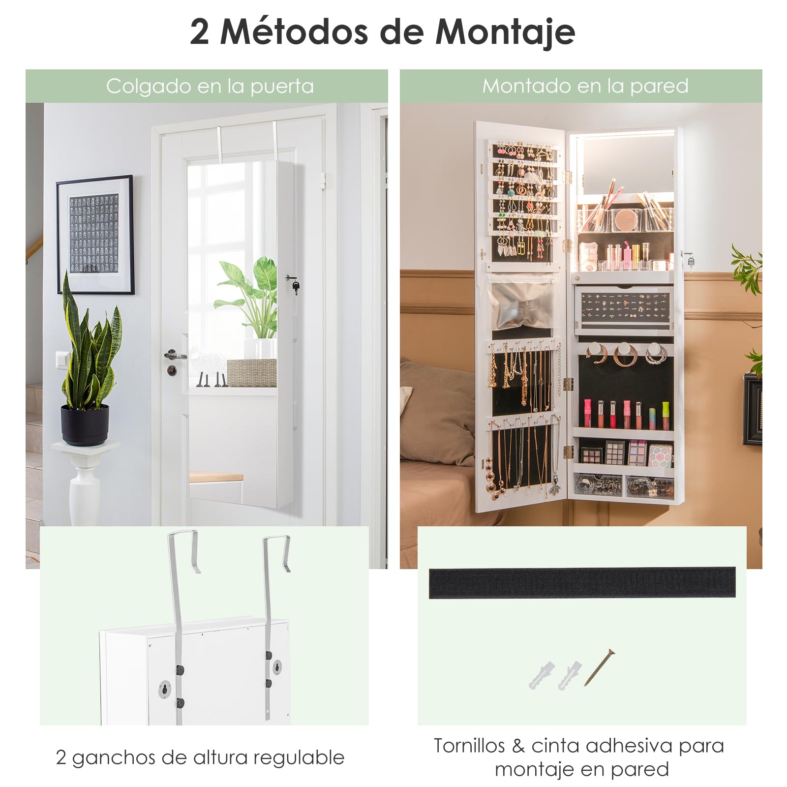 COSTWAY Armario Joyero con Espejo de Puerta para Joyas con Cerradura y Luces de 3 Colores - Espejo Interior con Estante Plegable y Cajas de Almacenamiento de Plástico (Blanco)