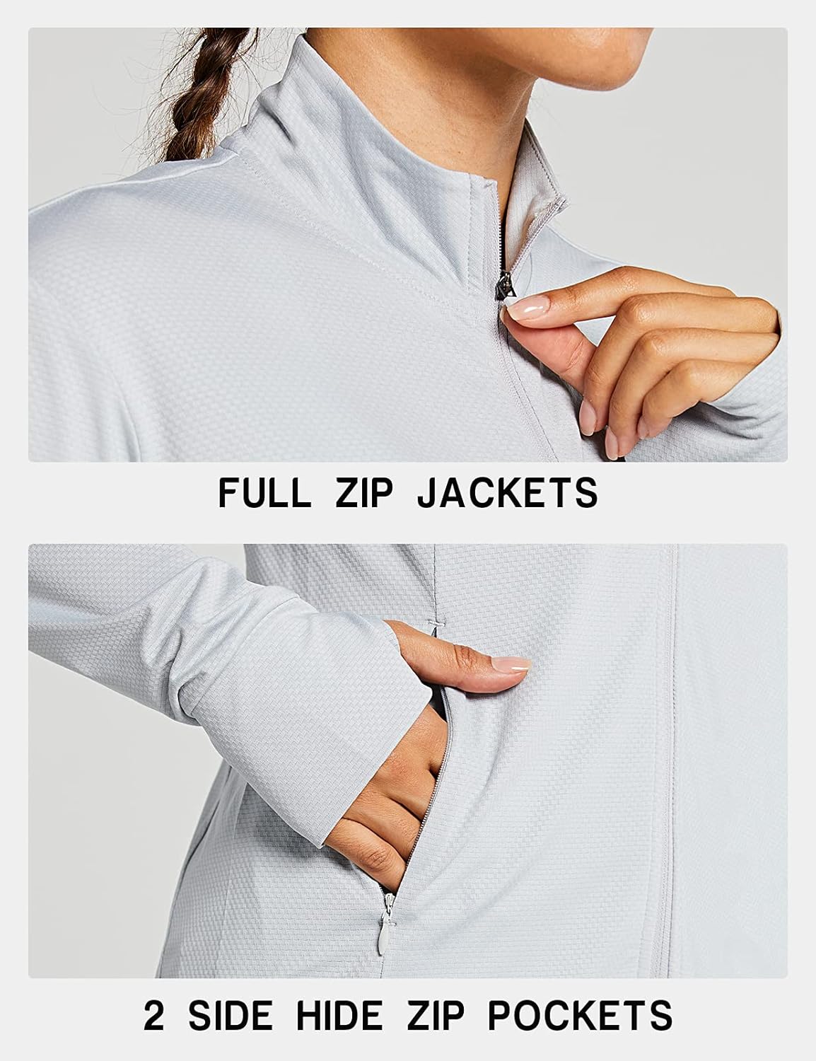 ZUTY Women's Long Sleeve Shirts UPF 50+ Sun Protection Full Zip Jacket UV Lightweight Hiking Outdoor Golf Zipper Pockets 01-light Grey-full Zip X-Large