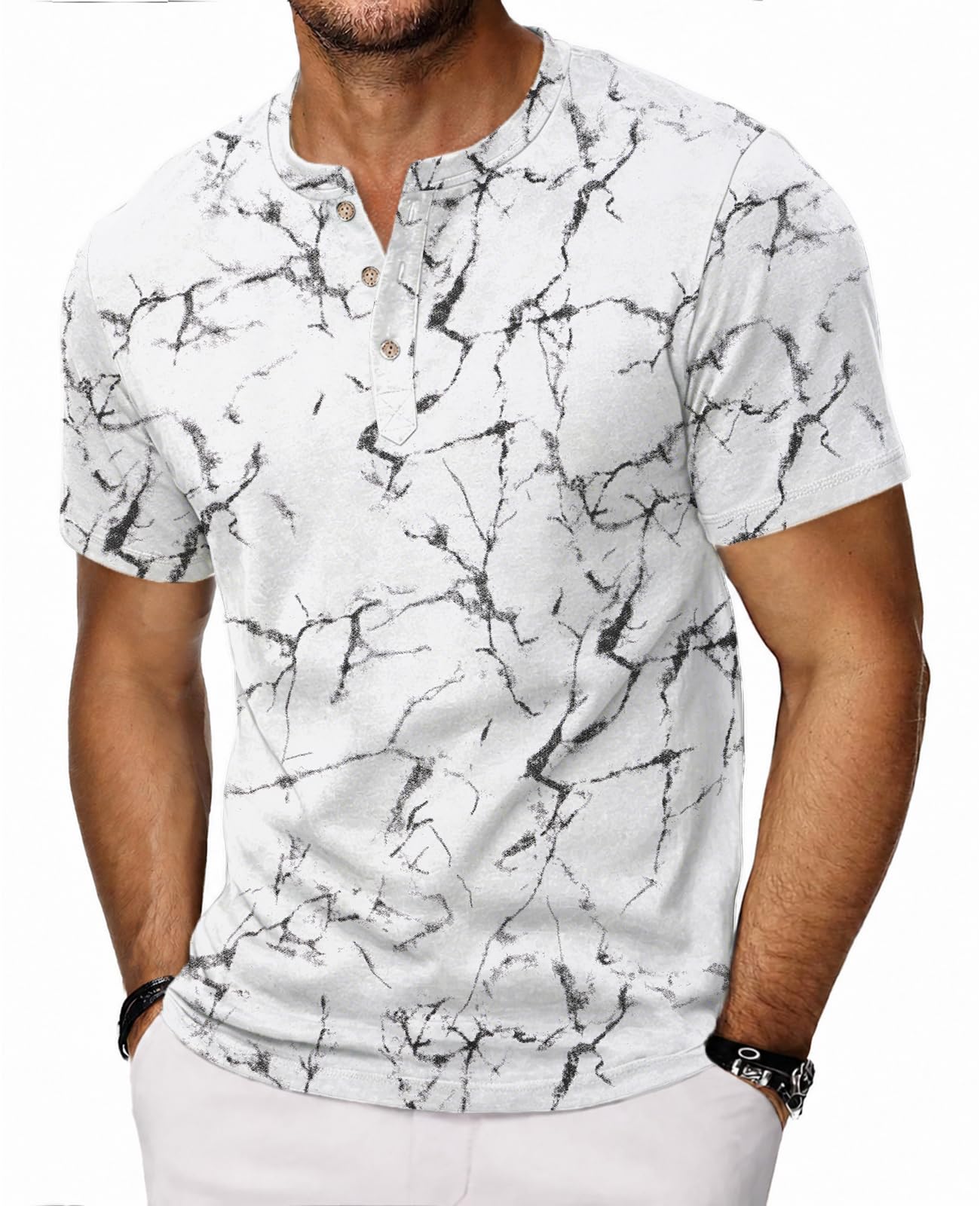 HMIYA Hemd Herren 100% Baumwolle Vintage Henley Shirt Kurzarm T-Shirts für Herren Sommerhemd Beiläufig Männer