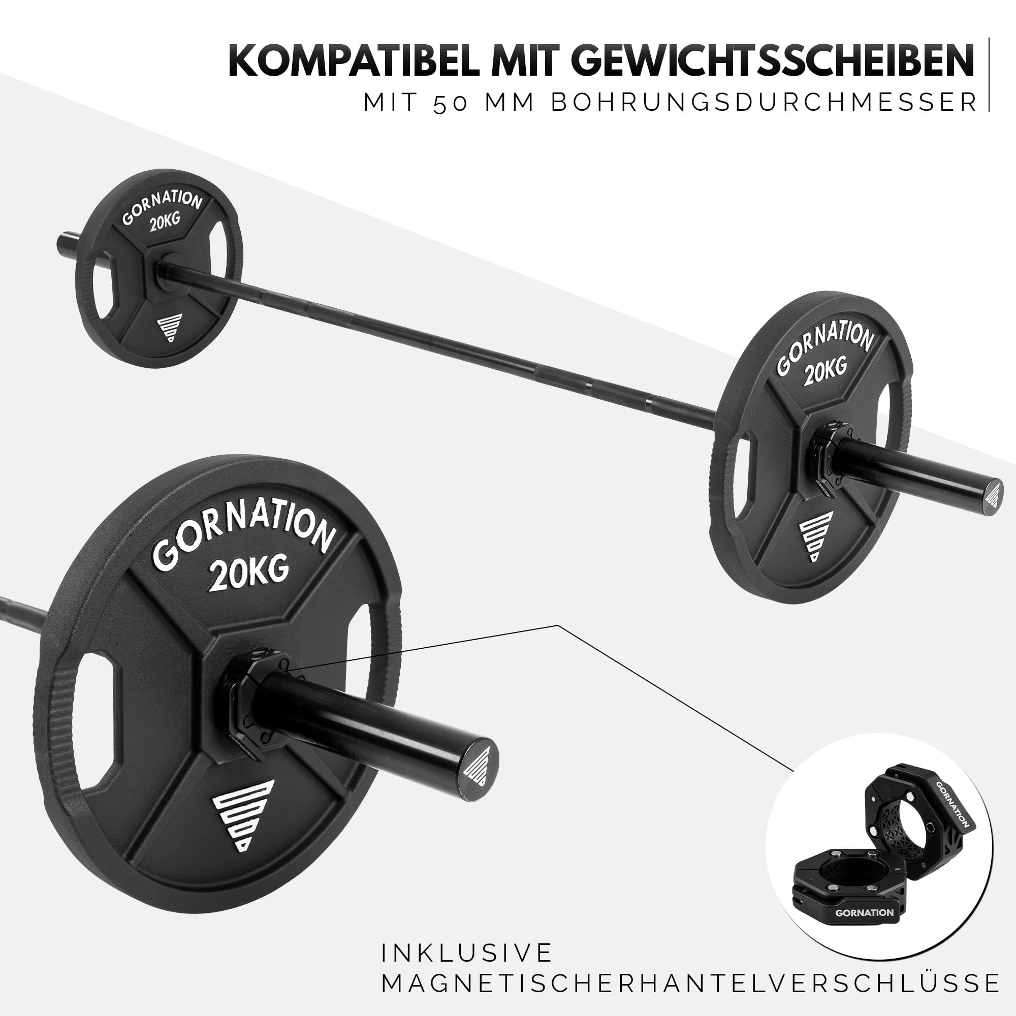 GORNATION Langhantel, Stahl Langhantelstange 50mm Inkl. Hantelverschlüsse, Barbell rutschfester Griff, max. Belastung 300 kg, für dein Homegym, Krafttraining, Weightlifting