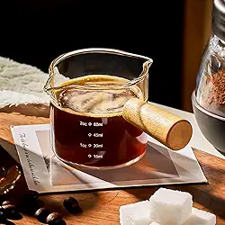 Copos de café expresso com boca em forma de V, copos de café expresso com cabo de madeira, copo medidor de vidro de bico duplo com escala, acessórios de café expresso, 100 ml