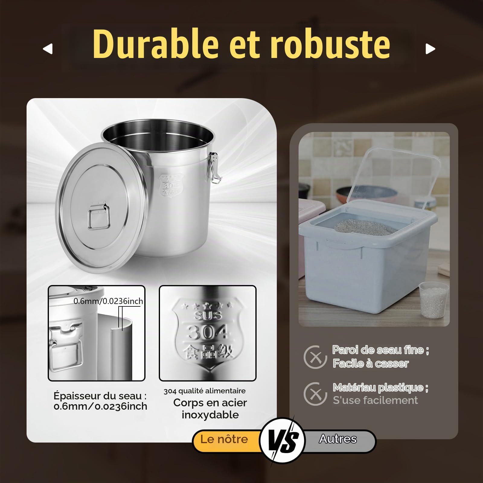 MINRS Seau de 33 l avec couvercle - Bidon hermétique - En acier inoxydable - Pour la cuisine - Avec couvercle et pince de verrouillage