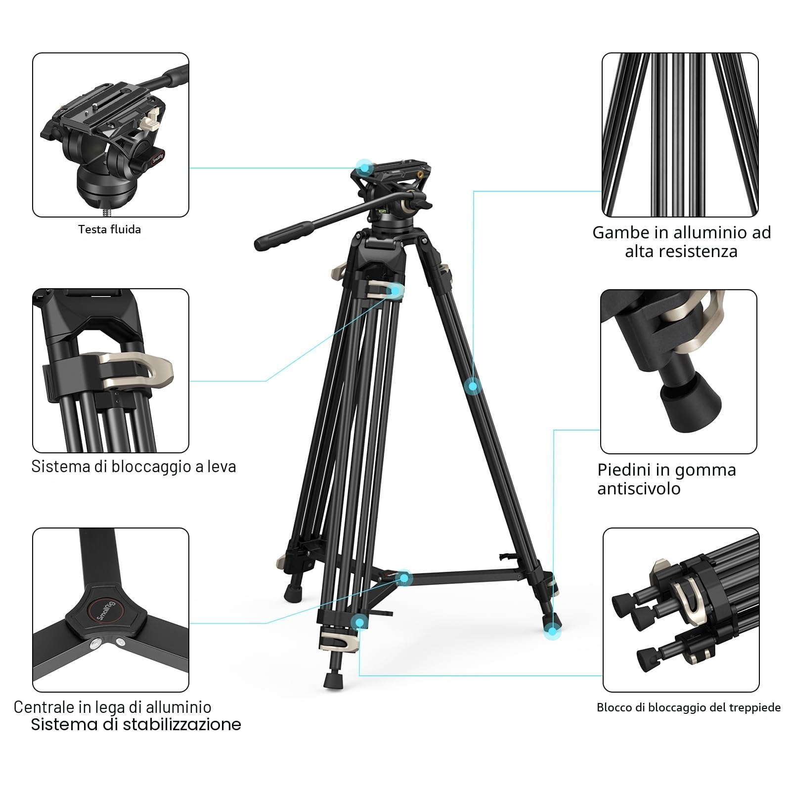 SMALLRIG Treppiede Video, Treppiede in lega di alluminio da 73"/186cm con testa fluida, Spargitore di livello e piastra di sgancio rapido, carico massimo 17,6 LB/8 kg per DSLR, Videocamera - 3751B