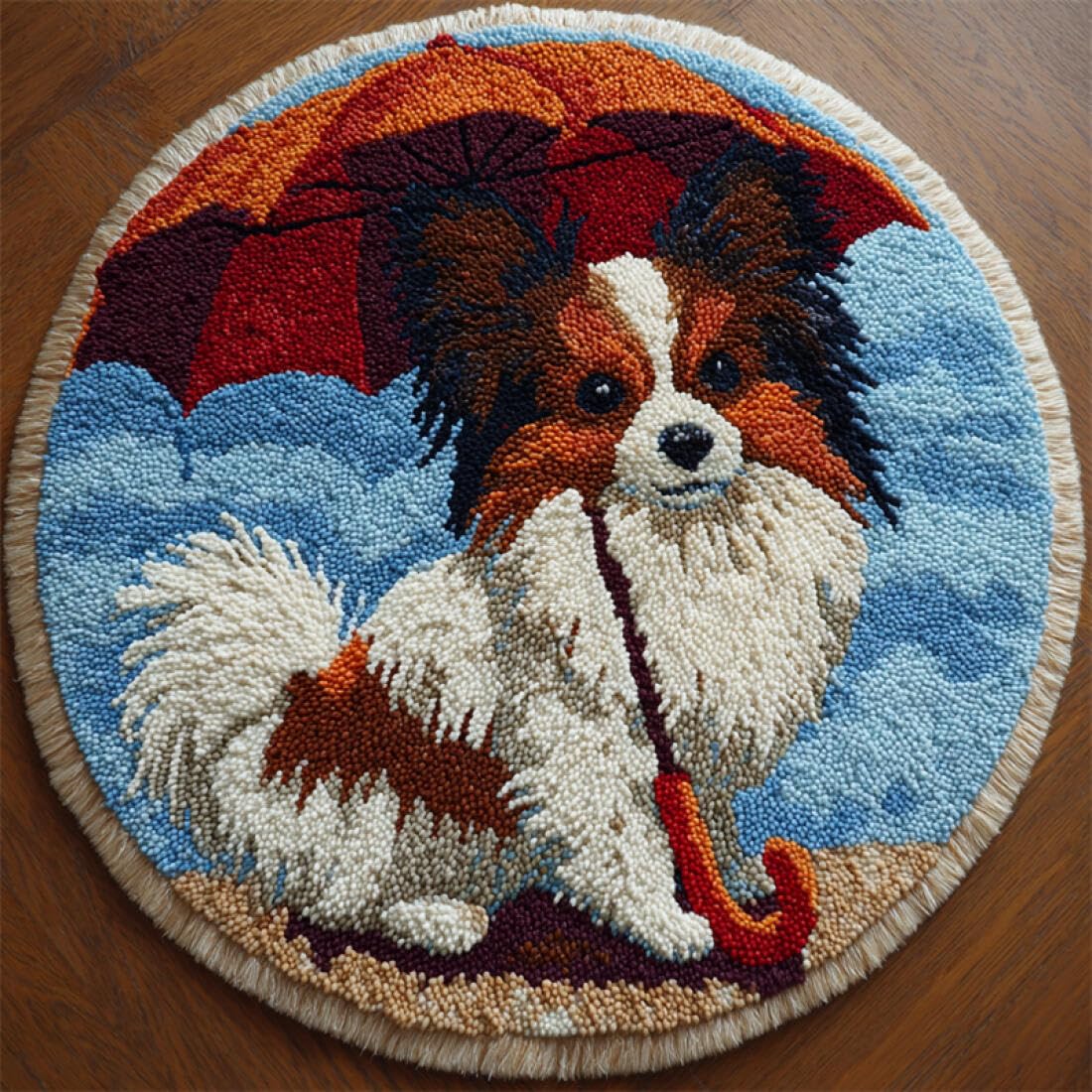 Rqwybcaxn DIY Latch Hook Rug Kit for Beginners Animal Crochet Starter Kit A Dog with an Umbrella 60x60cm Round Tapestry with Crochet Hook Bedroom Craft Gift