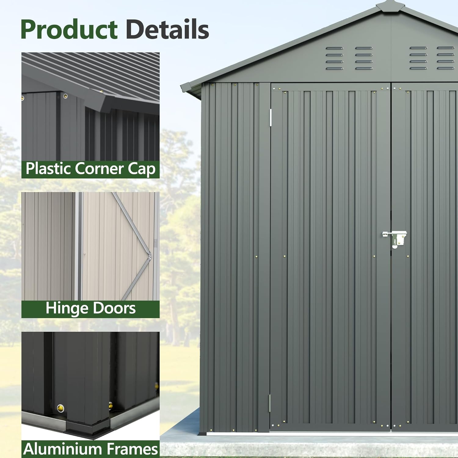 Close-up details of the LZBEITEM metal shed construction, including plastic corner cap, hinge doors, and aluminum frames