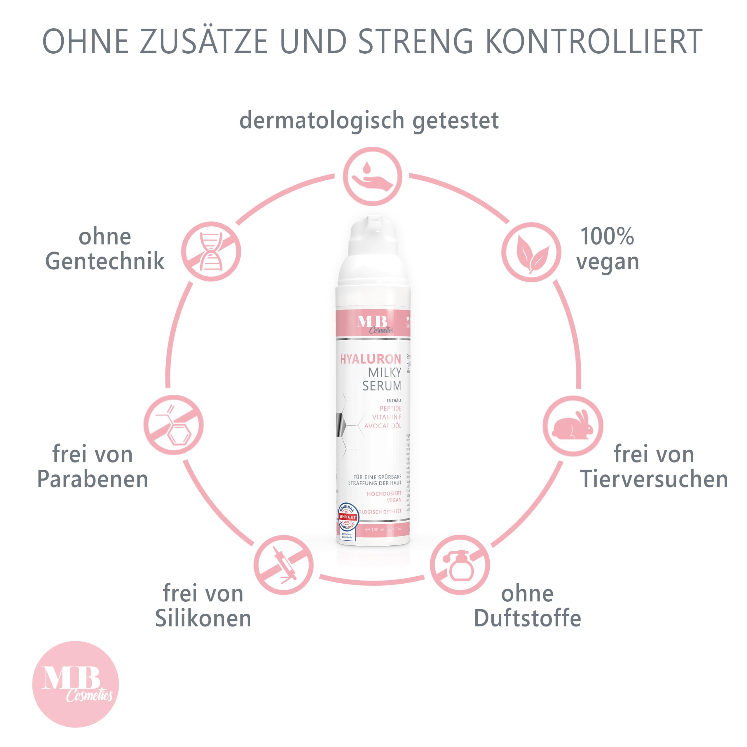 Hyaluron Serum hochdosiert 100ml - mit Anti Aging Booster Avocado-Ol, Peptiden und Vitamin E - vegane Anti-Falten Gesichtscreme für Augen, Hals und Dekollete mit quervernetzter Hyaluronsäure