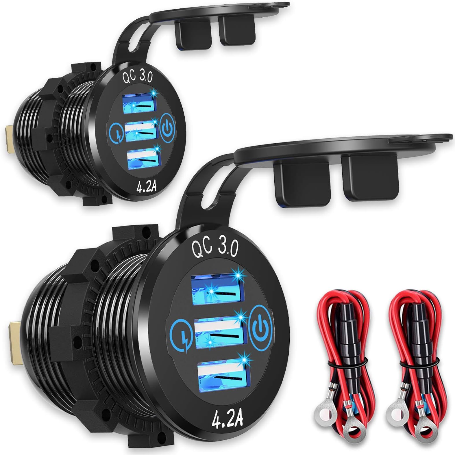 12V USB Aluminum Car Charger [2-Pack], Qidoe Quick Charge 3.0/4.2A Triple USB Outlet 12V Socket with Touch Power Switch, Waterproof Car Adapter for Car Boat Marine Bus Truck Golf Cart RV Motorcycle
