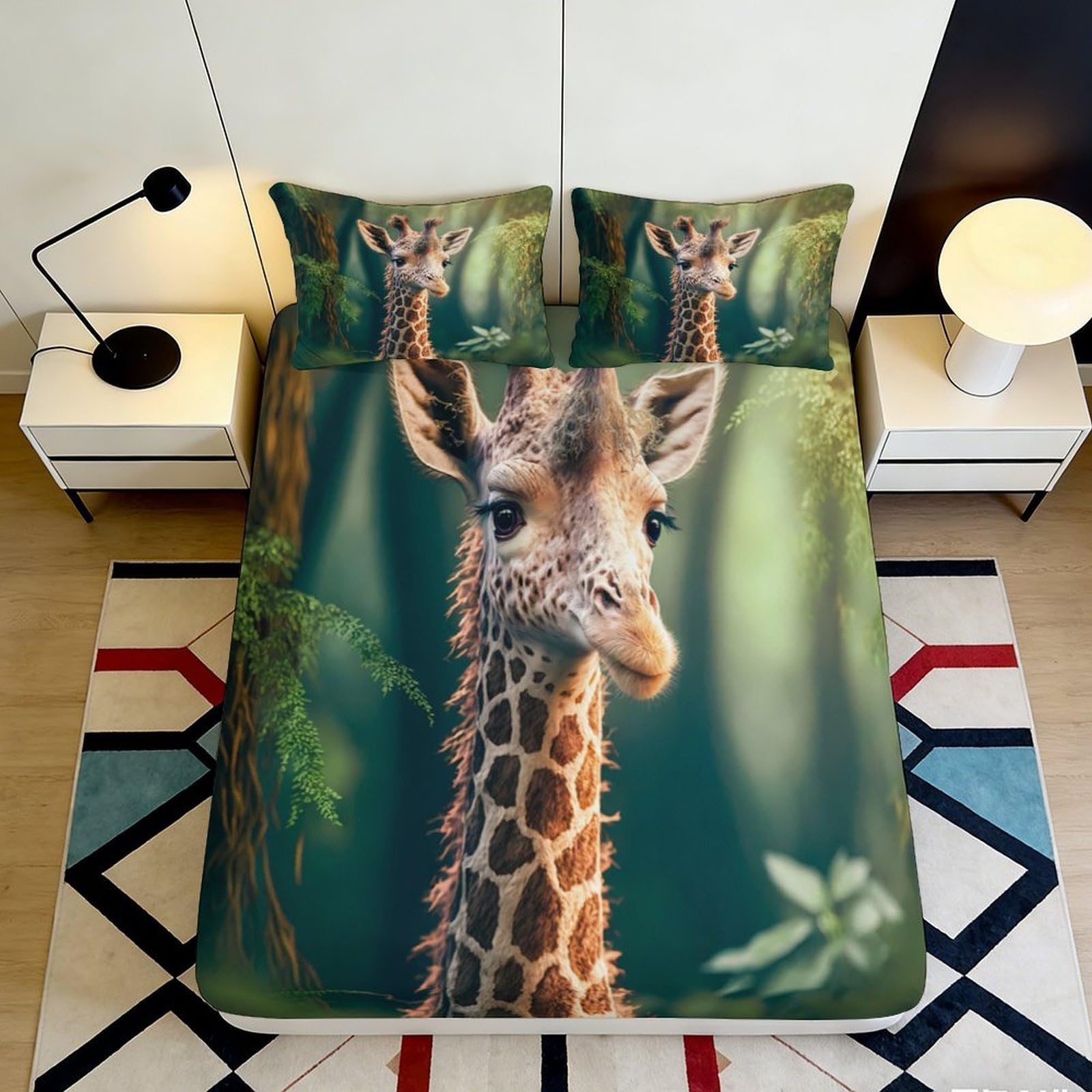 3D Printed Giraffe Pattern Fitted Sheet Microfiber Soft Durable Forest Animal Bed Cover for Bedroom Dormitory Guest Room Mattress Protection 140x200x25cm