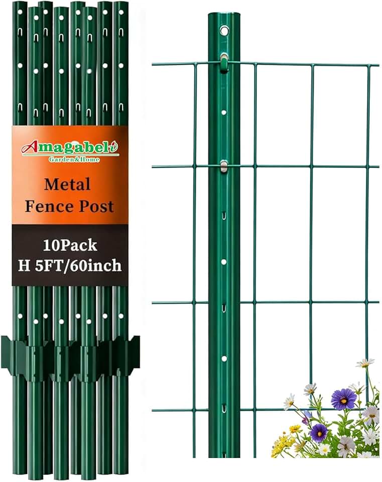 Amagabeli Metal Fence Posts 5 Feet 10 Pack Heavy Duty Garden Stakes T Post U Channel for for Wire Fence No Dig Garden Fence Stakes for Temporary Fencing Electric Fence Corner Anchor Green