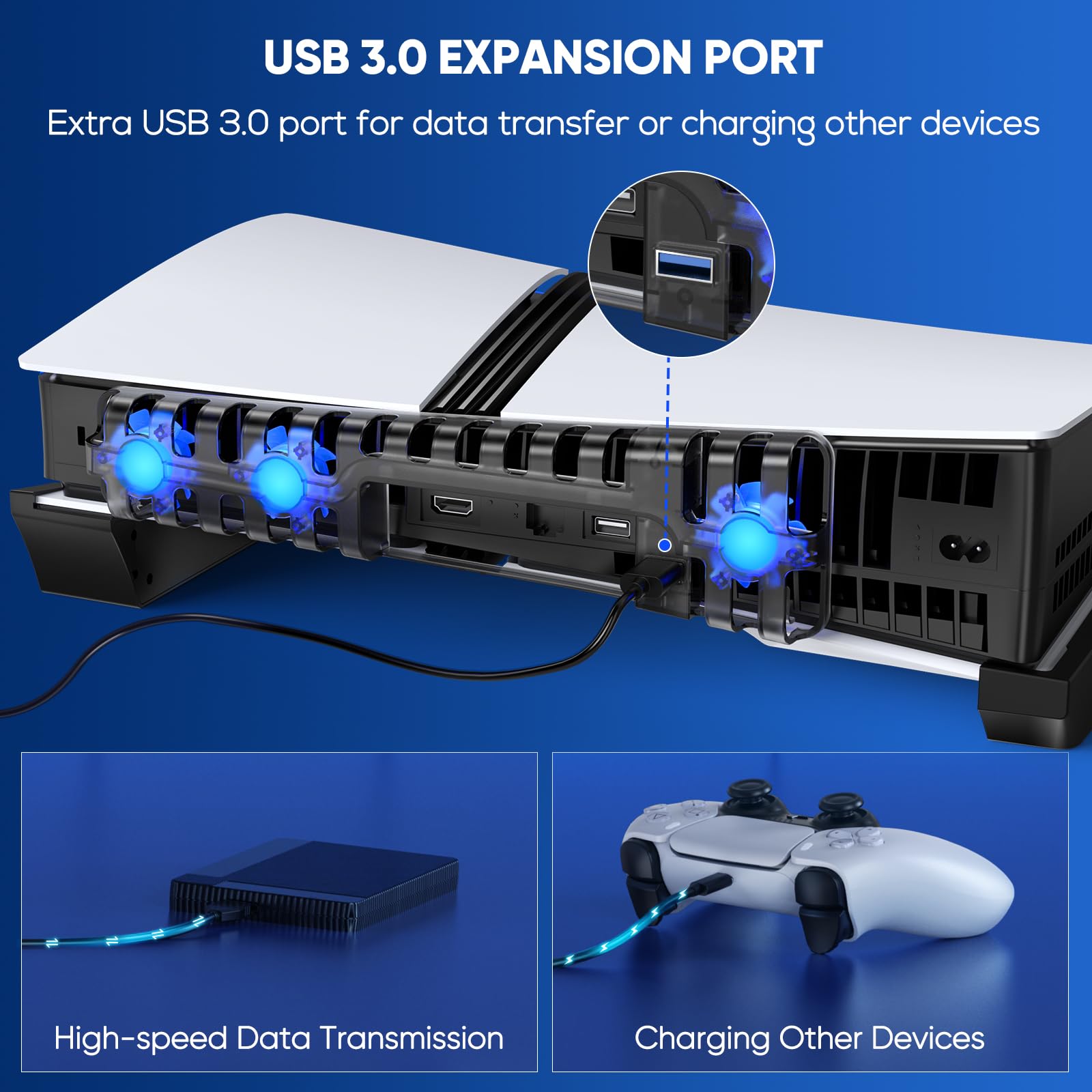 FASTSNAIL Supporto orizzontale e ventola di raffreddamento per PS5 Pro/Slim Digital/Disc, controller stazione di ricarica con 4 hub USB, ventola silenziosa separata ad alta velocità con porta USB 3.0