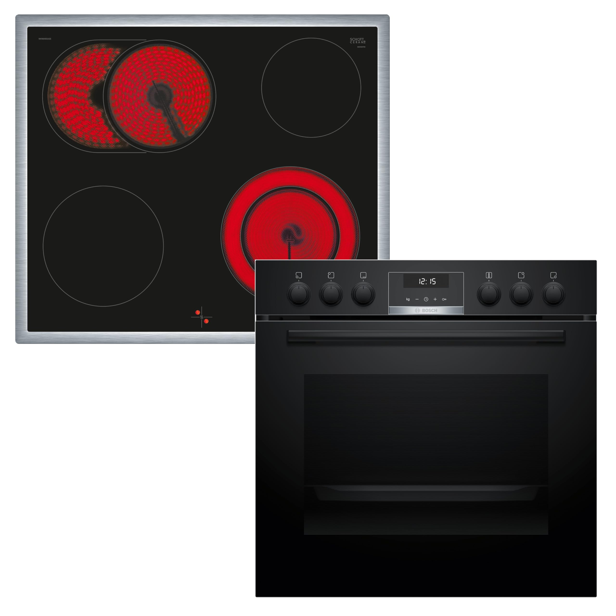 Bosch HND611LS62 Einbauherd-Set, Bestehend aus HEG517BB3 Herd, 60 x 60 cm, Made in Germany, 3D Heißluft, Hydrolyse, LED Display & NKN645GA2E Elektro-Kochfeld, Bräterzone, Restwärme, Edelstahlrahmen