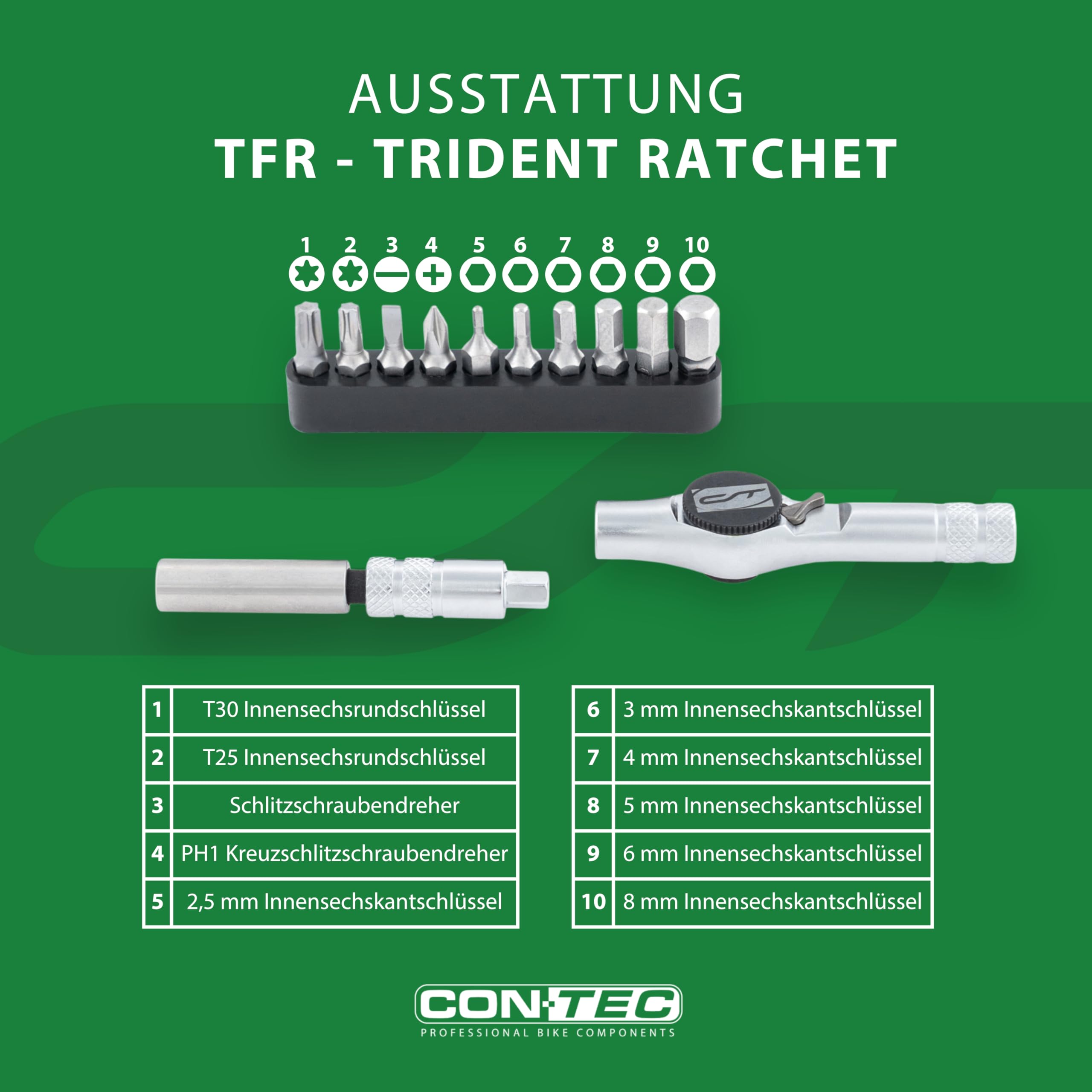 CONTEC Fahrrad-Multitool Trident Ratchet, 10 in 1, Multifunktionswerkzeug, Reparatur Set, Mini-Tool, Multi-Purpose, Innensechskant, Schraubendreher