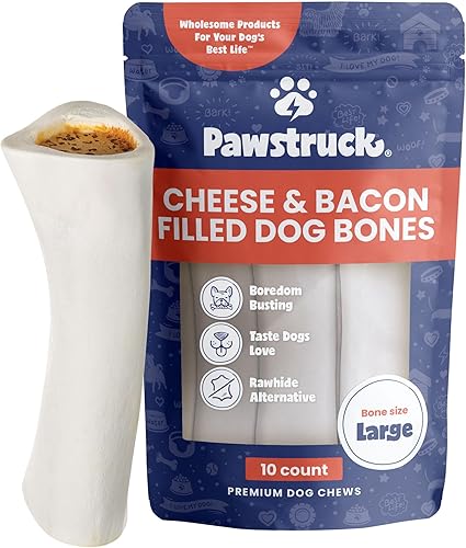 Pawstruck Huesos de perro rellenos de queso y tocino de 5 a 6 pulgadas, totalmente naturales, fémur relleno de larga duración para masticadores