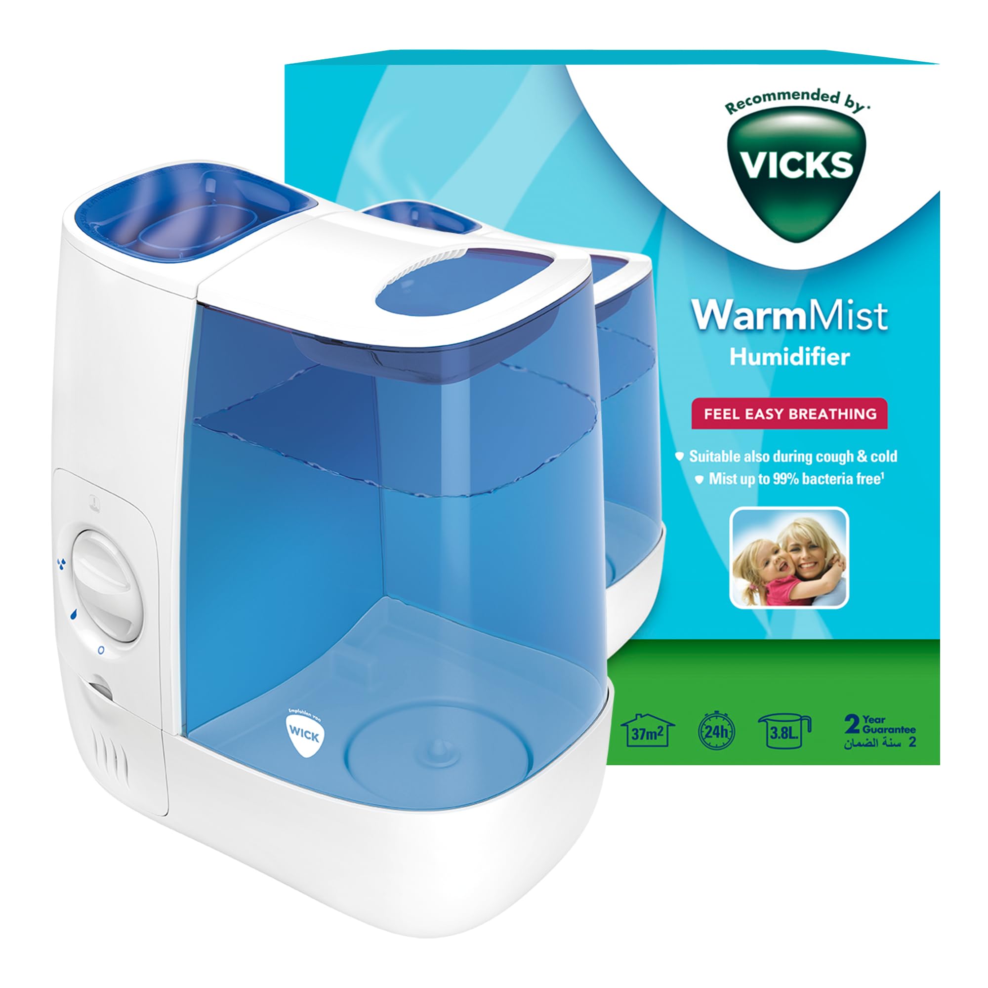 Warm Mist Humidifier - 3.8 litre tank - More comfortable sleep and easy breathing - Up to 99% Bacteria-Free mist - Rooms up to 37m2 - Bedroom suitable - Essential oil pad included - VH845