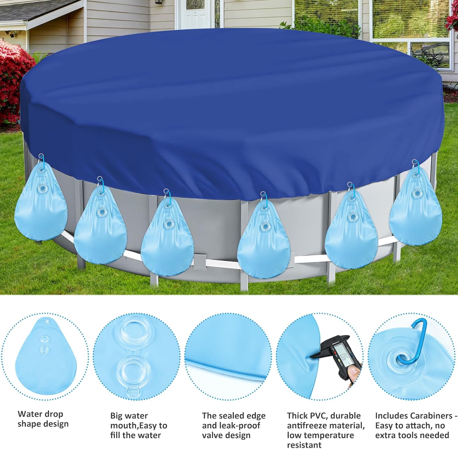 16 PCS Pool Cover Weights Water Bag Winter Antifreezing Heavy Duty Pool Cover Hanging Weights Pillow Thick PVC Windproof Tarp Water Bags with Hook for Outdoor Above Ground Swimming Pool Closing Kit