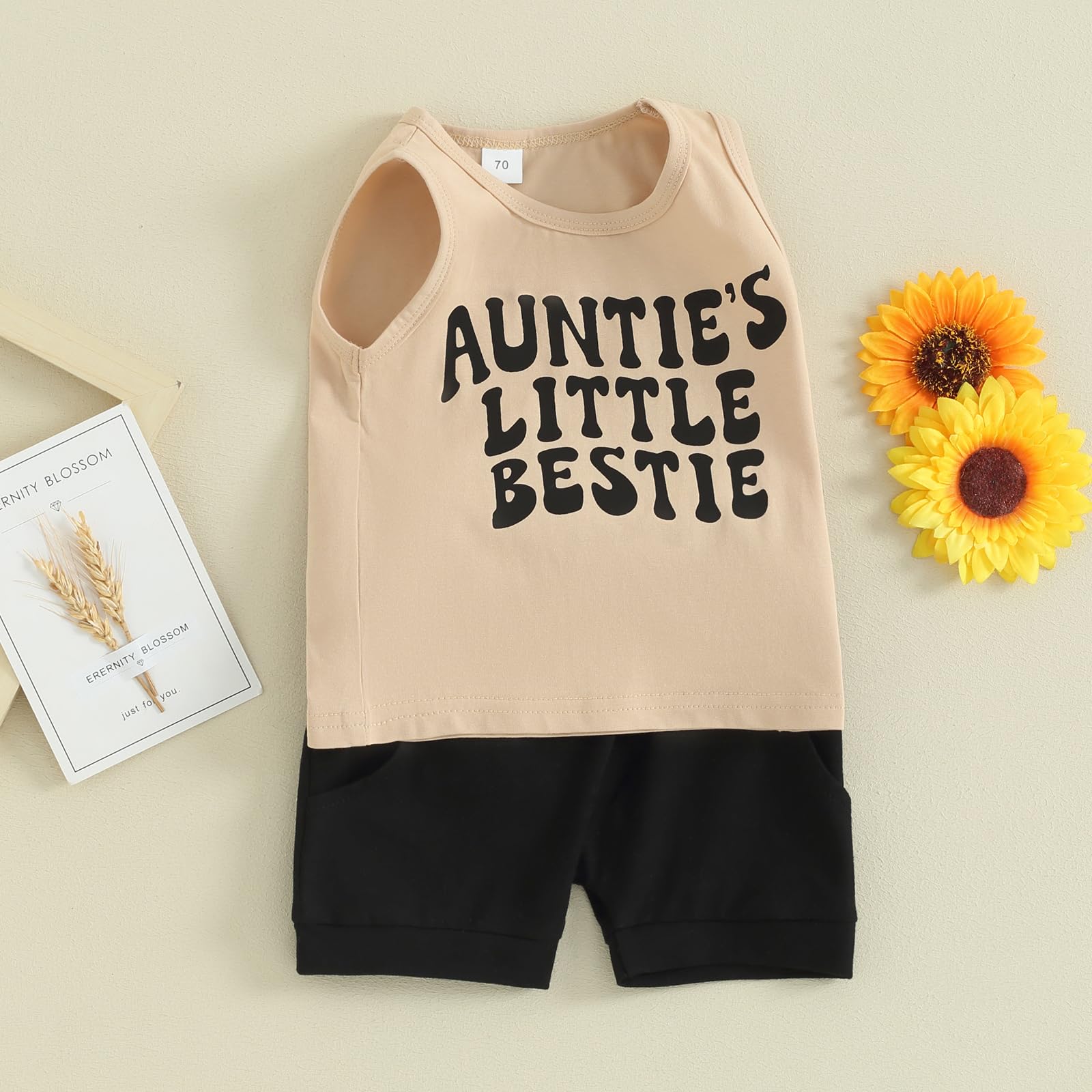 Aunties Bestie Baby Short Outfit Infant Boy Auntie Letter Vest Top Solid Active Jogger Shorts 2Pcs Summer Clothes (Khaki, 2-3 Years)