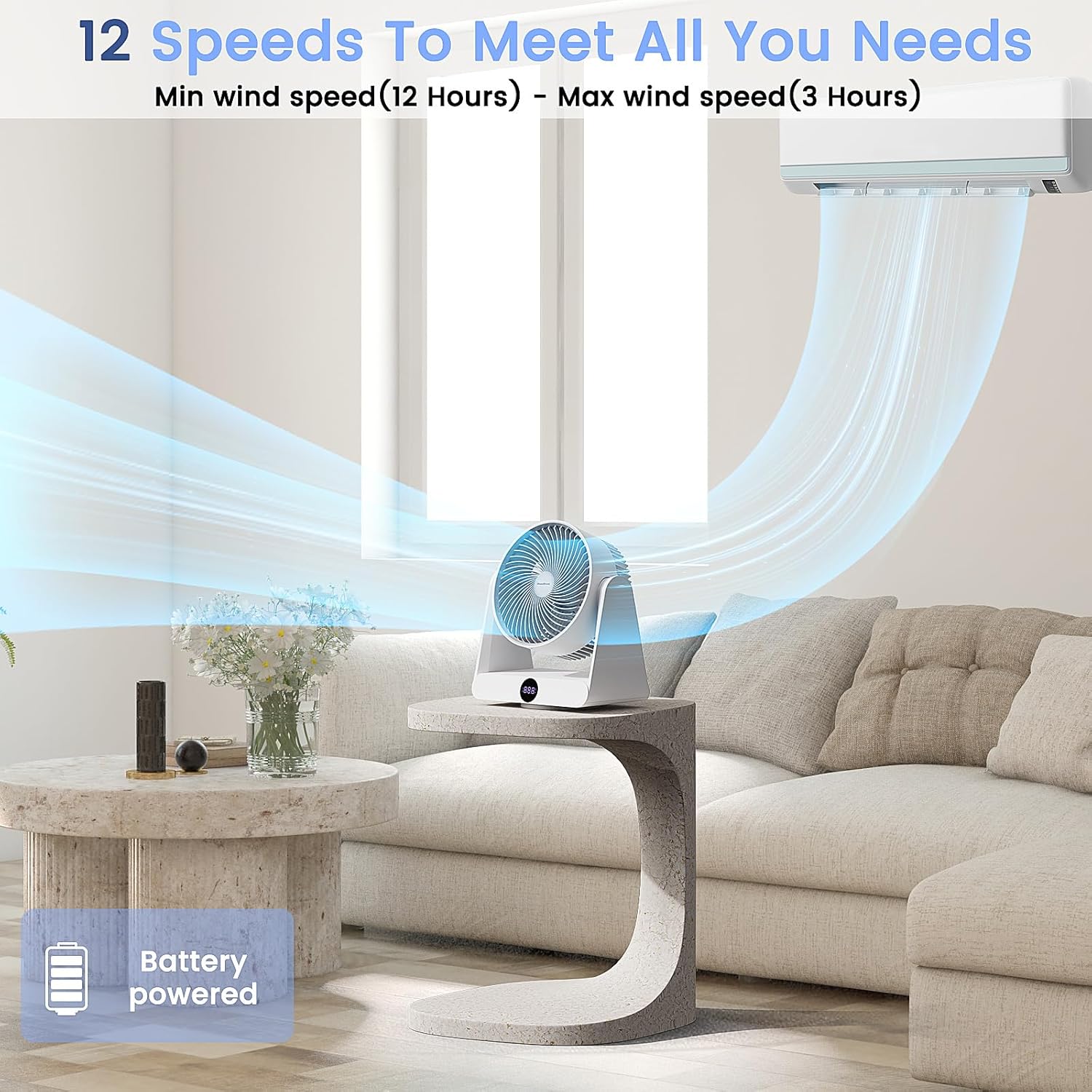 10"" Desk Air Circulator Fan with Remote, 90° +90° Oscillating Table Fan, Quiet Portable Battery Powered Fan for Bedroom, Home, Office, 12 Speeds, 12H Timer, White