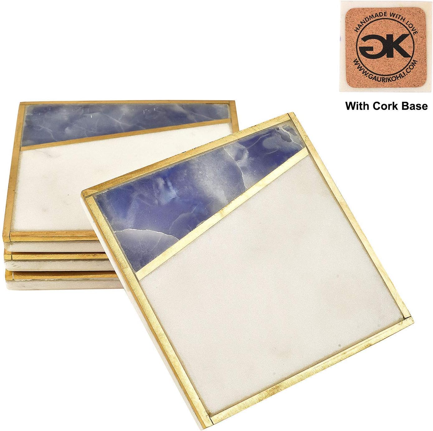 Blue Onyx Marble Coasters with Cork Bottom, Gold Inlay (Large Size | Set of 4)