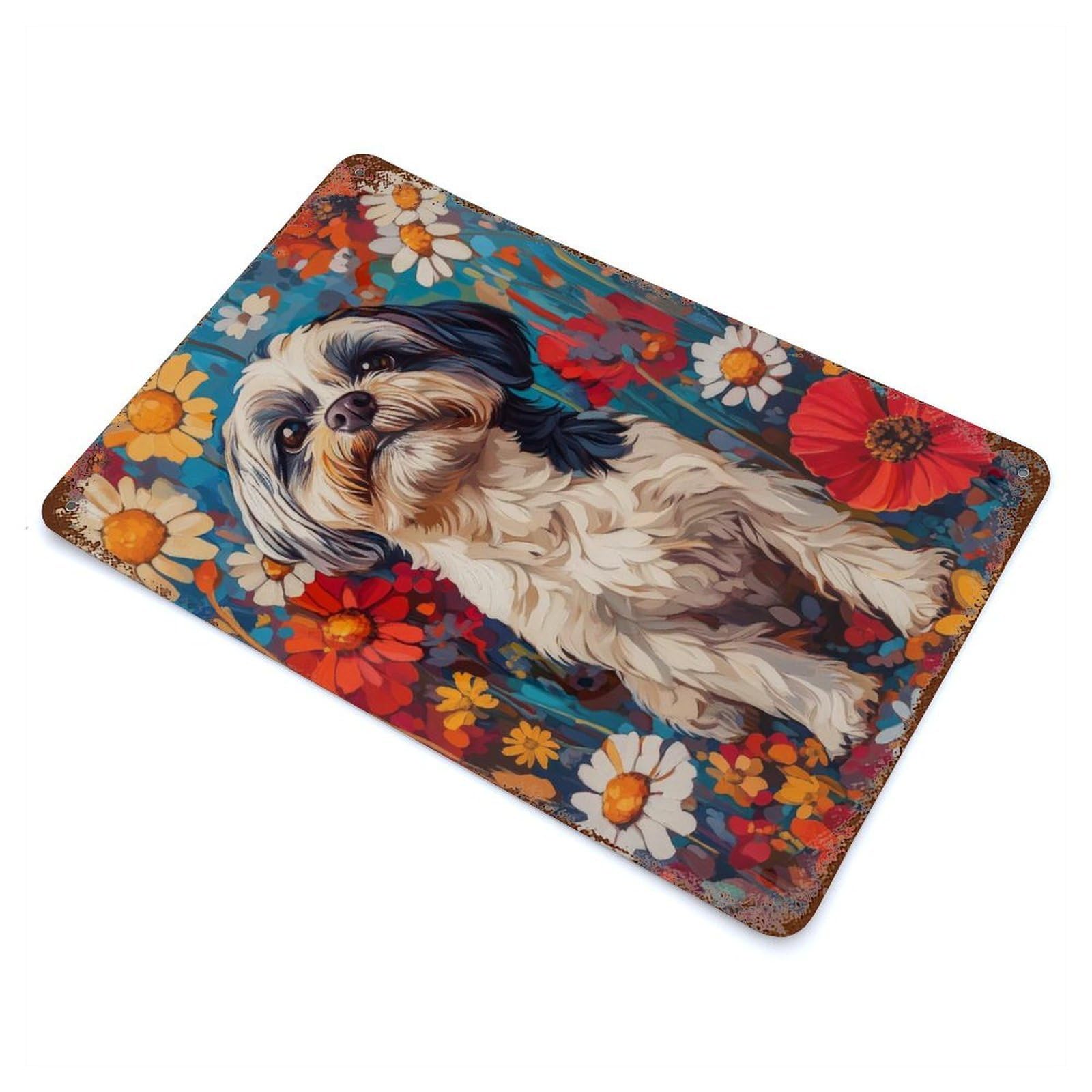 Garage Style Dog in Flower Field Shih Tzu in Wildflower Field Dog Wall Art Print Distressed Metal Wall Sign 11.8"x7.9", Novelty Wall Decor for Bar And Workshop