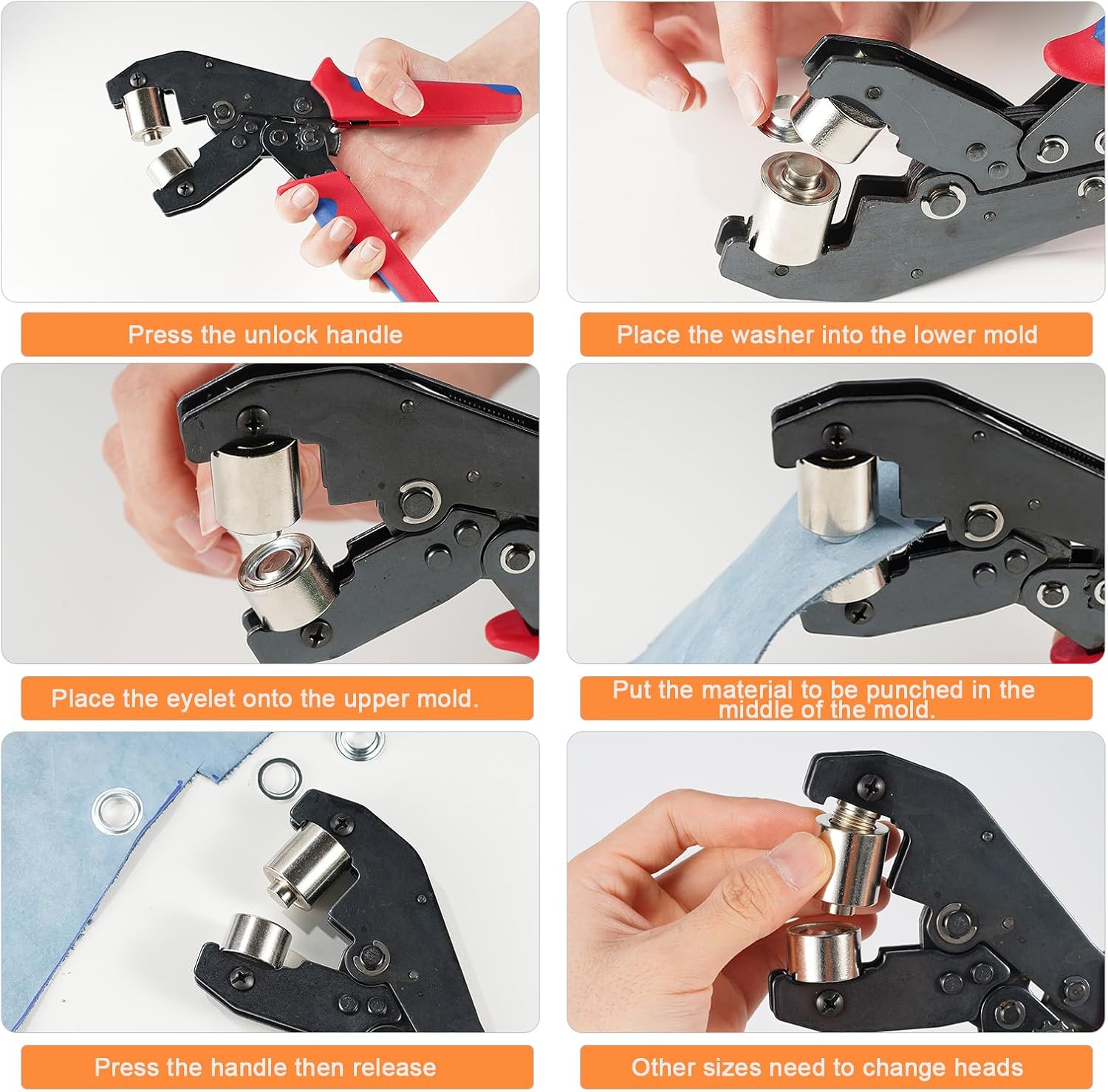 Step-by-step visual guide on how to use the Amliber Grommet Tool, showing placement of washer, eyelet, material, and pressing the handle.