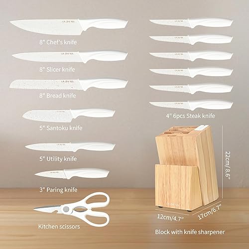 Miniatura 2 de Juego de cuchillos de 15 piezas, juego de cuchillos de cocina, juego de cuchillos de acero inoxidable blanco con afilador para picar, rebanar,