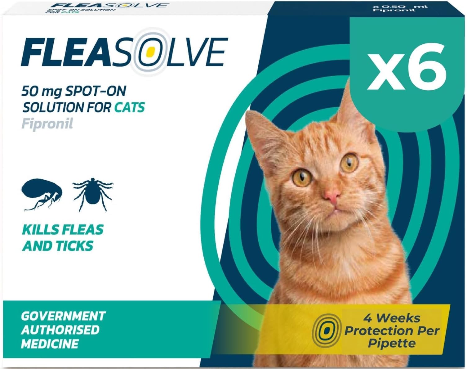 Cat Flea Treatment Spot On x 6 - Flea Treatment Cat Spot On for Cats & Kittens Over 1kg - 6 Pipettes, 6 Doses - Fast-Acting FleaSolve Solution