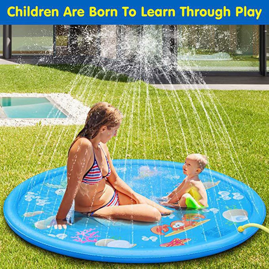 Aufblasbarer Sprinkler Wasserteppich,Außenwasserspiel, 170 cm, Kleiner Pool für Kinder, Klappbar und Leicht, für Kinder ab 2 Jahren (Blue Words)