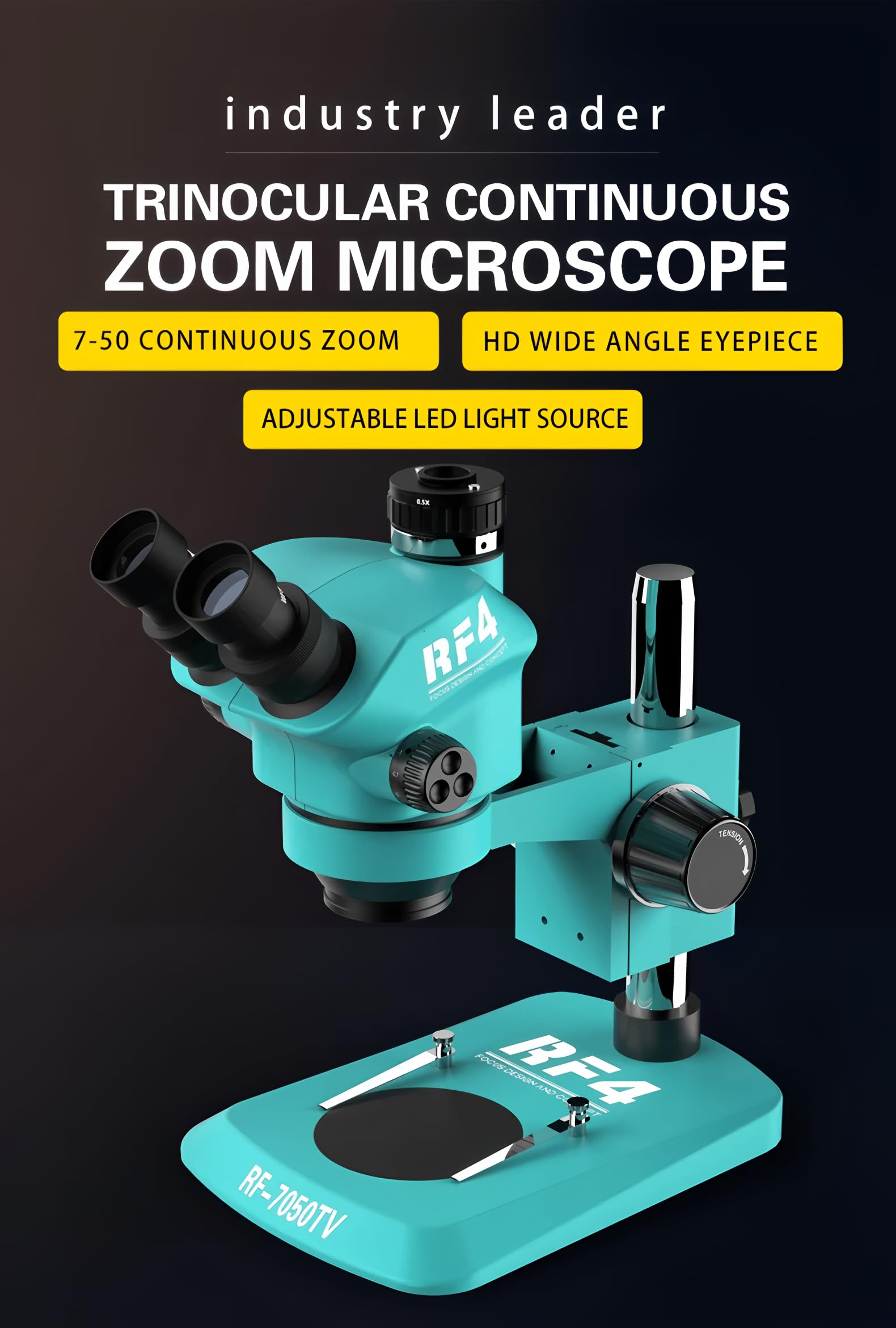 Cabeza trinocular de microscopio con Zoom Continuo WF10X/22mm y Enfoque simultáneo 7-50X, para Soldadura de PCB y teléfonos (RF-7-50X 0.5CTV LED)