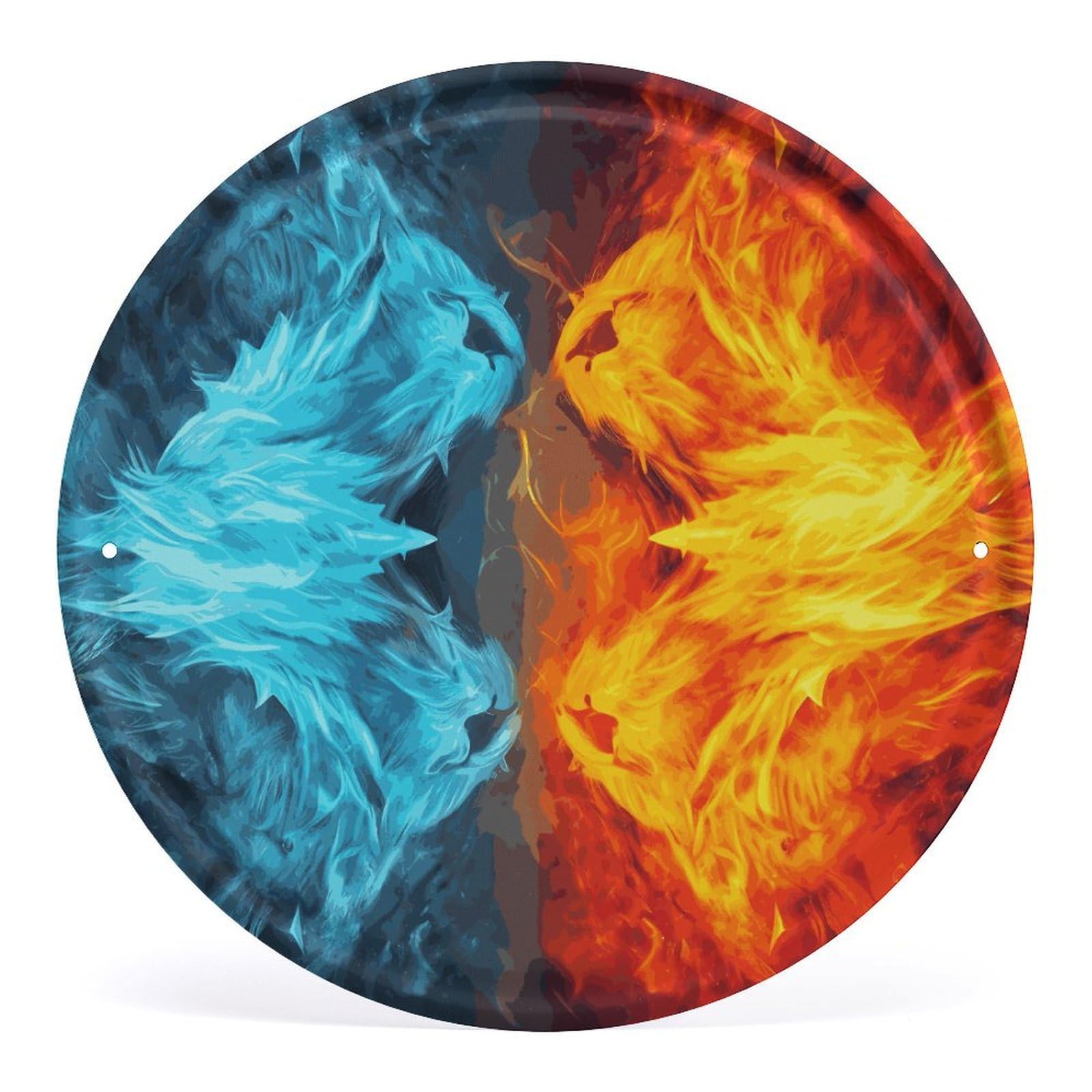 Fodpand Style Fire Vs Ice Art Round Wall Art Hanging Decorations, Wall Decor Modern Minimalist Artwork, Tin Sign Hanging Picture For Living Room, Bedroom, Office, Hallway, 11.8X11.8 Inch