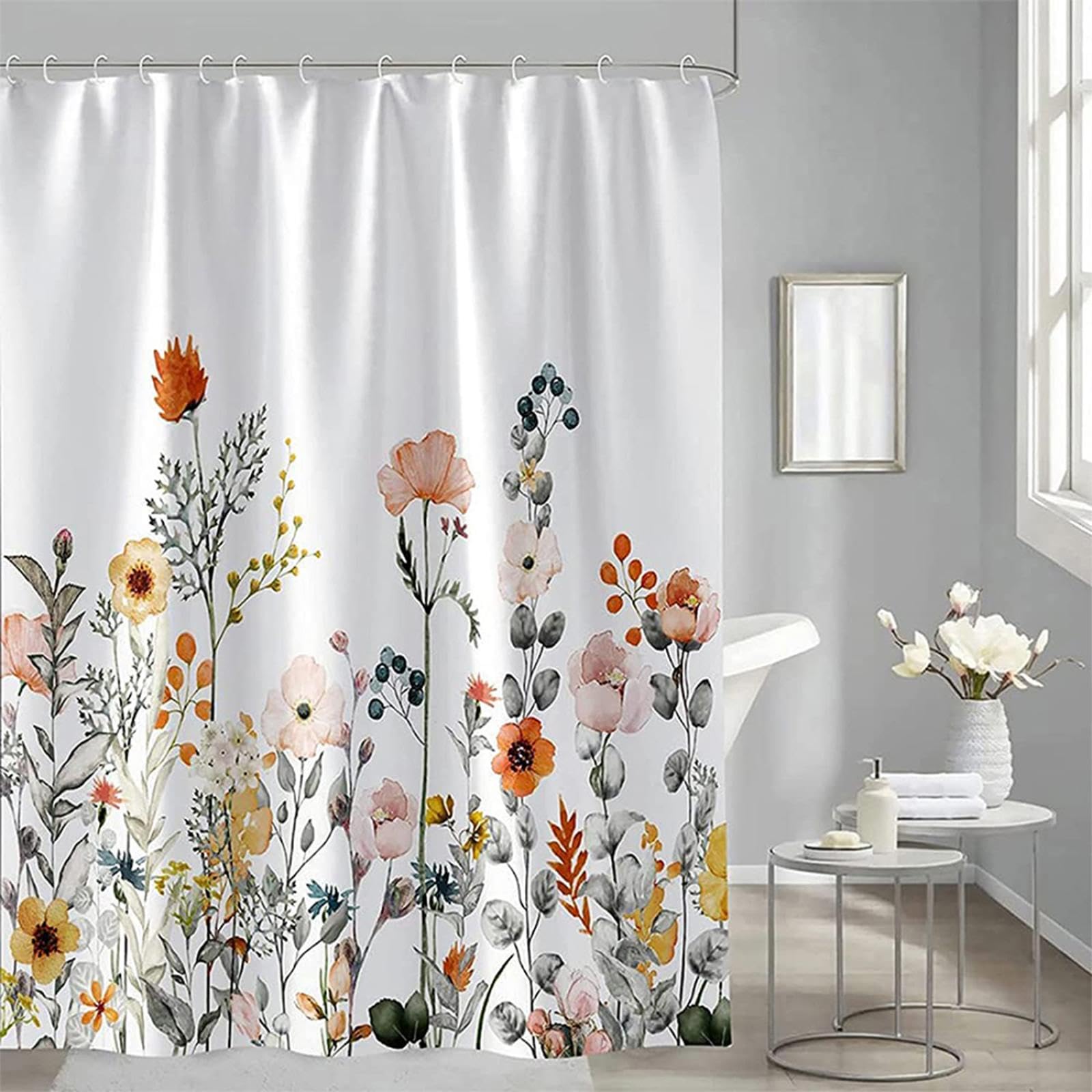 Duschvorhang Polyster Weiß Blumen 180x230cm Wasserdicht Anti-Schimmel Shower Curtains aus Waschbar Schnell Trocknend Badvorhang für Badezimmer, Badewanne mit 12 Duschvorhängeringen
