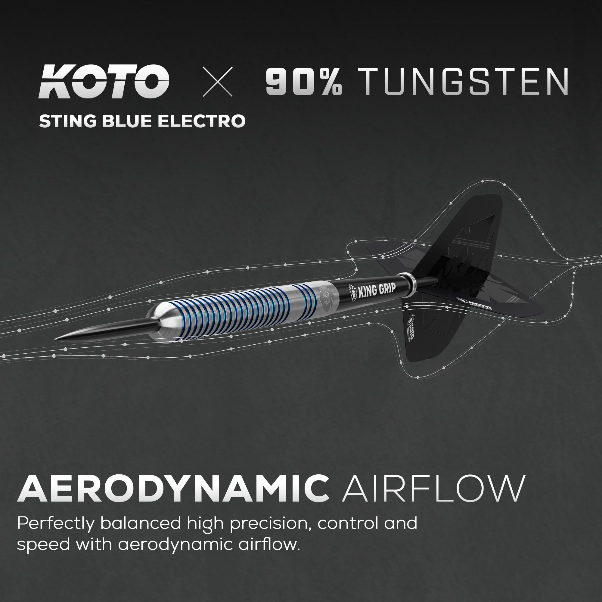 KOTO – Sting Blue Electro 90% Tungsteno, 24G, Azul, Dardos Punta Acero | 24G Dardos Punta Acero, Incl. 3 Barrels, 2 Sets de Flights y Shafts KOTO, Funda de Dardos, Grip de Anillo