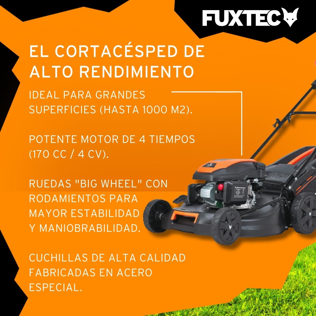Cortacésped autopulsado de Gasolina FUXTEC FX-RM5170 4 en 1-170 cm³ 4 CV, 4 Tiempo, 51 cm de Ancho de Corte con regulación en 7 Alturas y 60 L de depósito, Funciones Mulching y Eje Lateral
