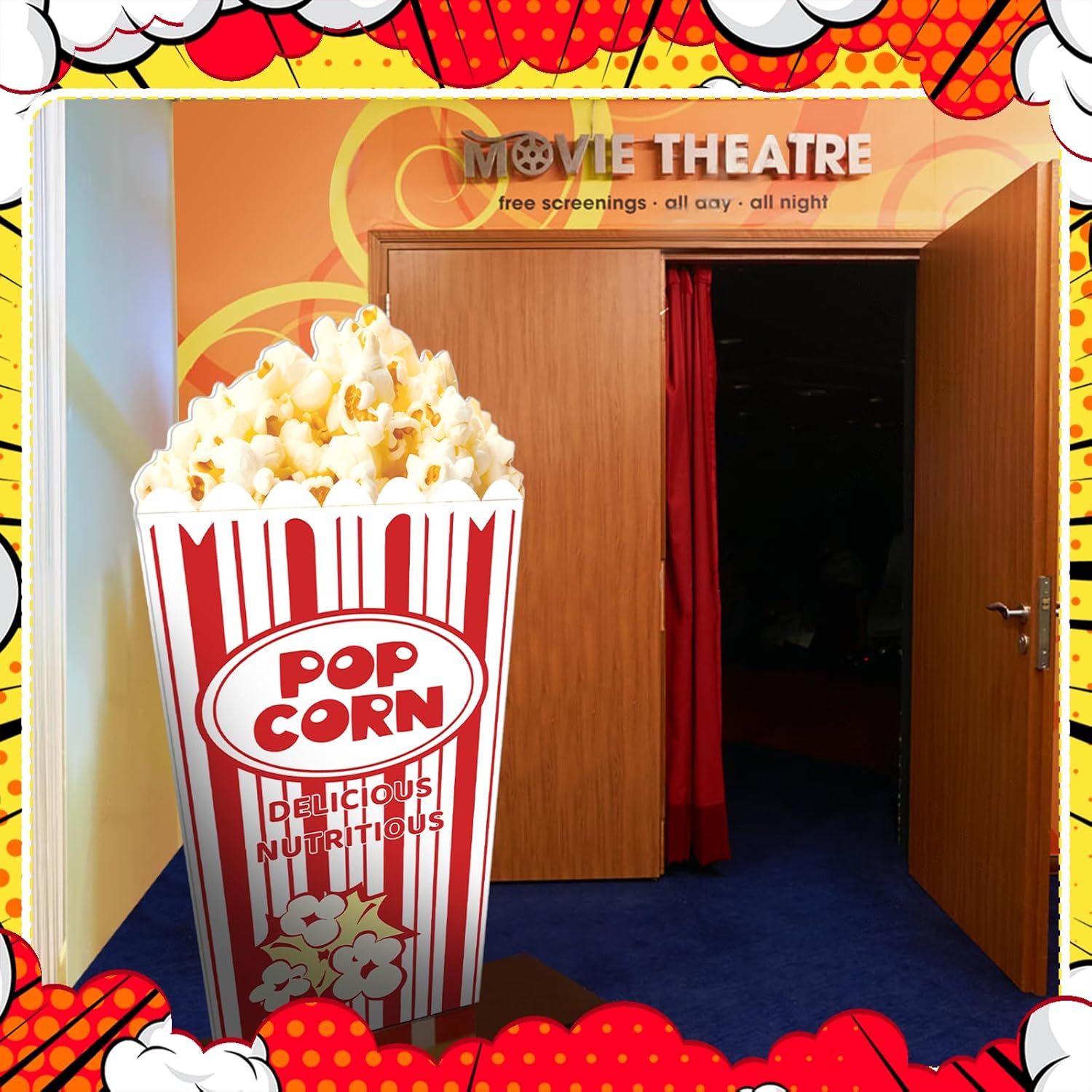 4 Feet Carnival Circus Decoration Popcorn Box Cardboard Cutout Standup Large Striped Red & White Popcorn Box Photo Props Party Back Drops for Movie Night, Carnivals, Theme Party, Circus, Theater