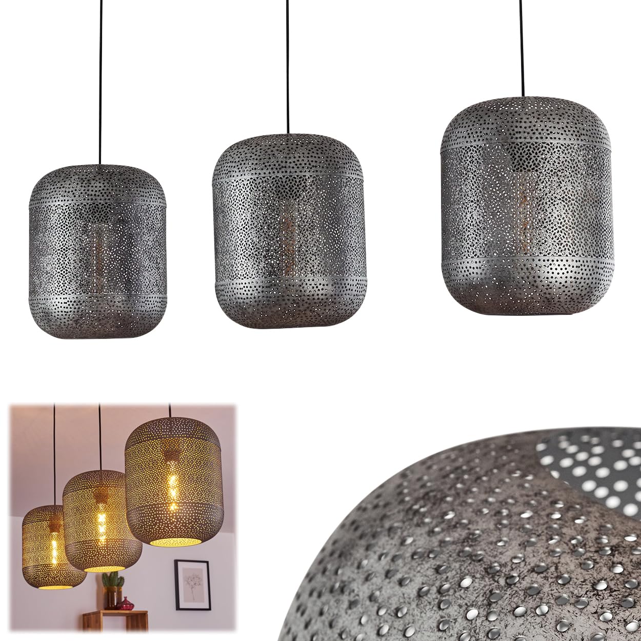 Chidu Hanging Light Made of Metal in Grey/Silver, 3-Flame, 3 x E27, max. Height 148 cm, Pendant Light in Perforated Look in Vintage/Retro Design, Without Bulbs