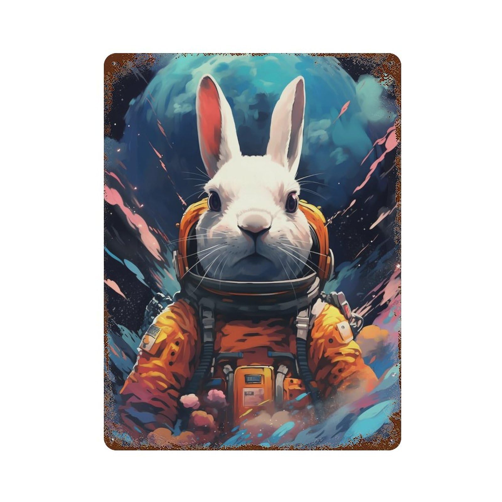 Garage Style Space Bunny Adventure -4 Decorative Tin Sign 15.7"x11.8", Shabby Chic Decor for Bar And Workshop
