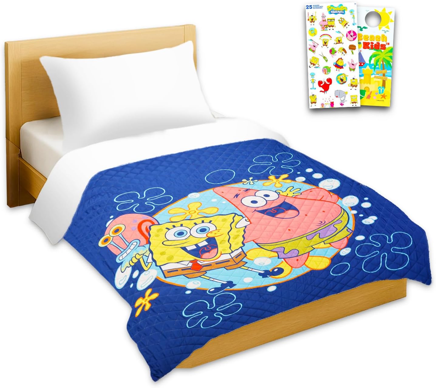 Spongebob Bedspread Twin Set for Kids - Bundle with Quilted Bedspread for Full Bed Plus Stickers, More | Spongebob Twin Bedding Set for Boys, Girls