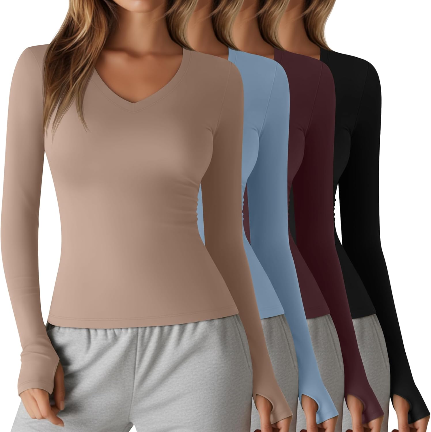 4-Pack Women’s Slim Fit Compression Long Sleeve Yoga Tops with Thumb Holes 4-Pack Women’s Slim Fit Compression Long Sleeve Yoga Tops with Thumb Holes